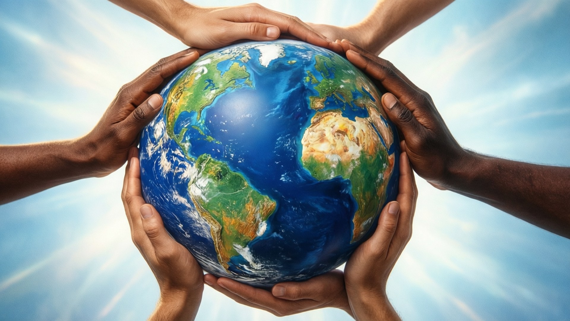 Global Unity Hands 壁紙 — 多雙不同的手輕輕捧著一個細節豐富的藍綠色地球儀，背景是燦爛的藍天。
