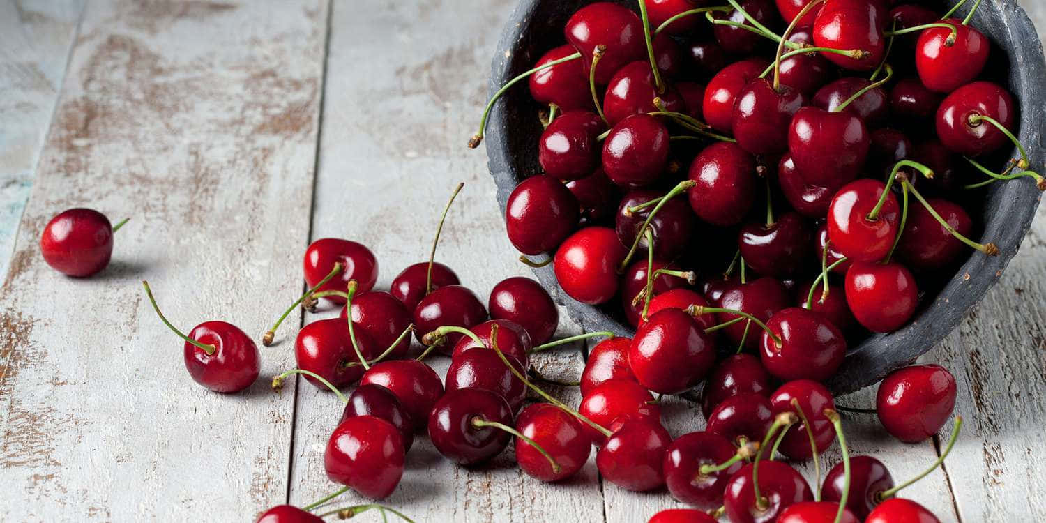 Red Cherries 桌布 壁紙 — 多汁的紅色櫻桃從一個深色碗中灑落在磨損的白色木質表面上。