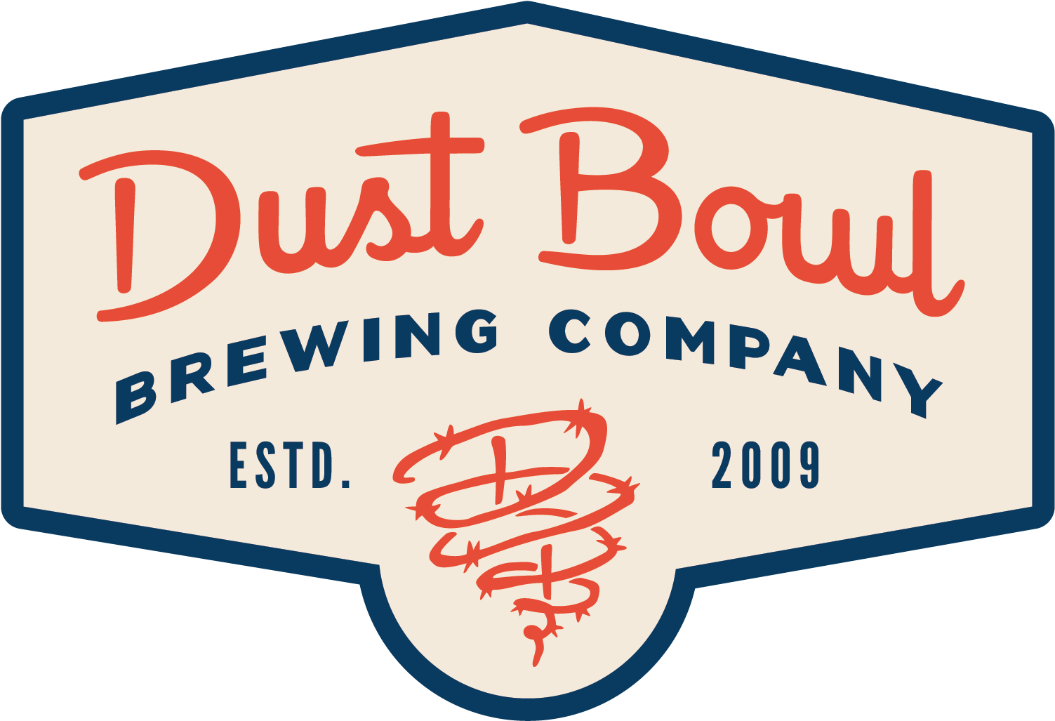 標誌 桌布 壁紙 — Dust Bowl Brewing Company 的復古標誌，採用紅色草書文字和鐵絲網龍捲風圖案，背景為奶油色。