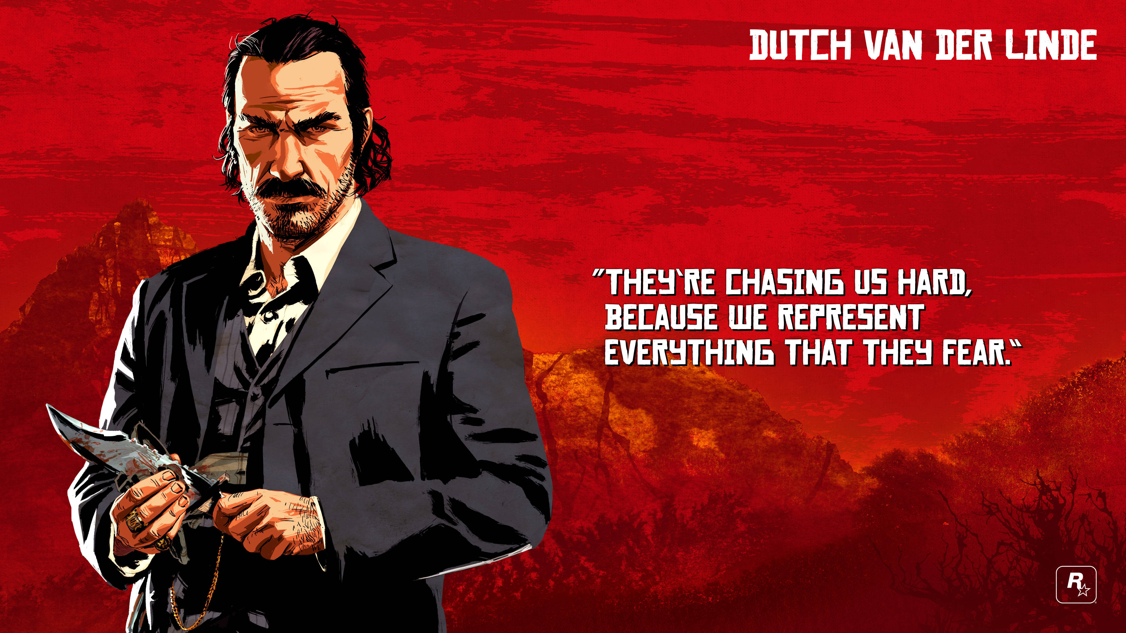 Red Dead Redemtion 2 桌布 壁紙 — 《Red Dead Redemption 2》中的Dutch van der Linde在火紅背景前手持刀，帶有引文疊加，凝視著。
