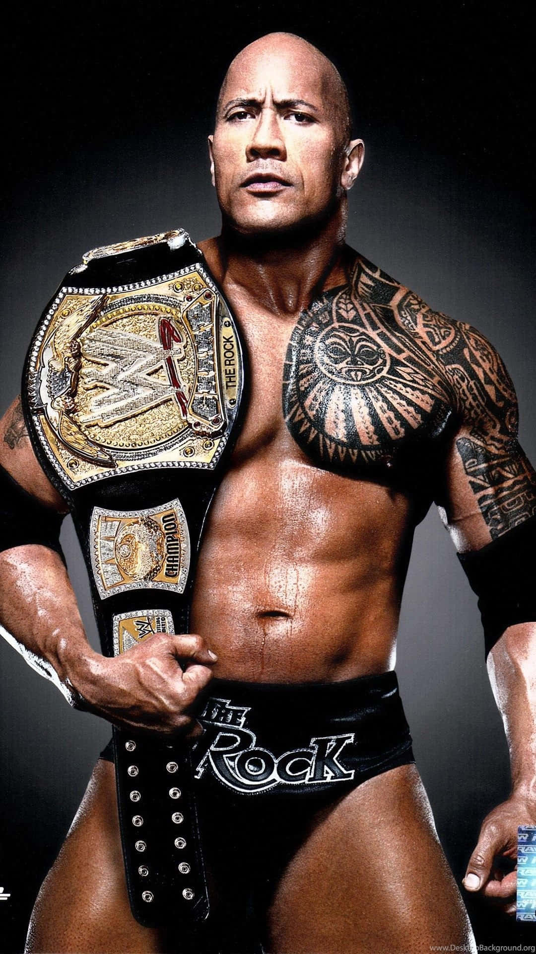 巨石強森 桌布 壁紙 — Dwayne Johnson 以 The Rock 身份在攝影棚拍攝中強勢站立，佩戴冠軍腰帶和黑色短褲，他的標誌性紋身清晰可見。