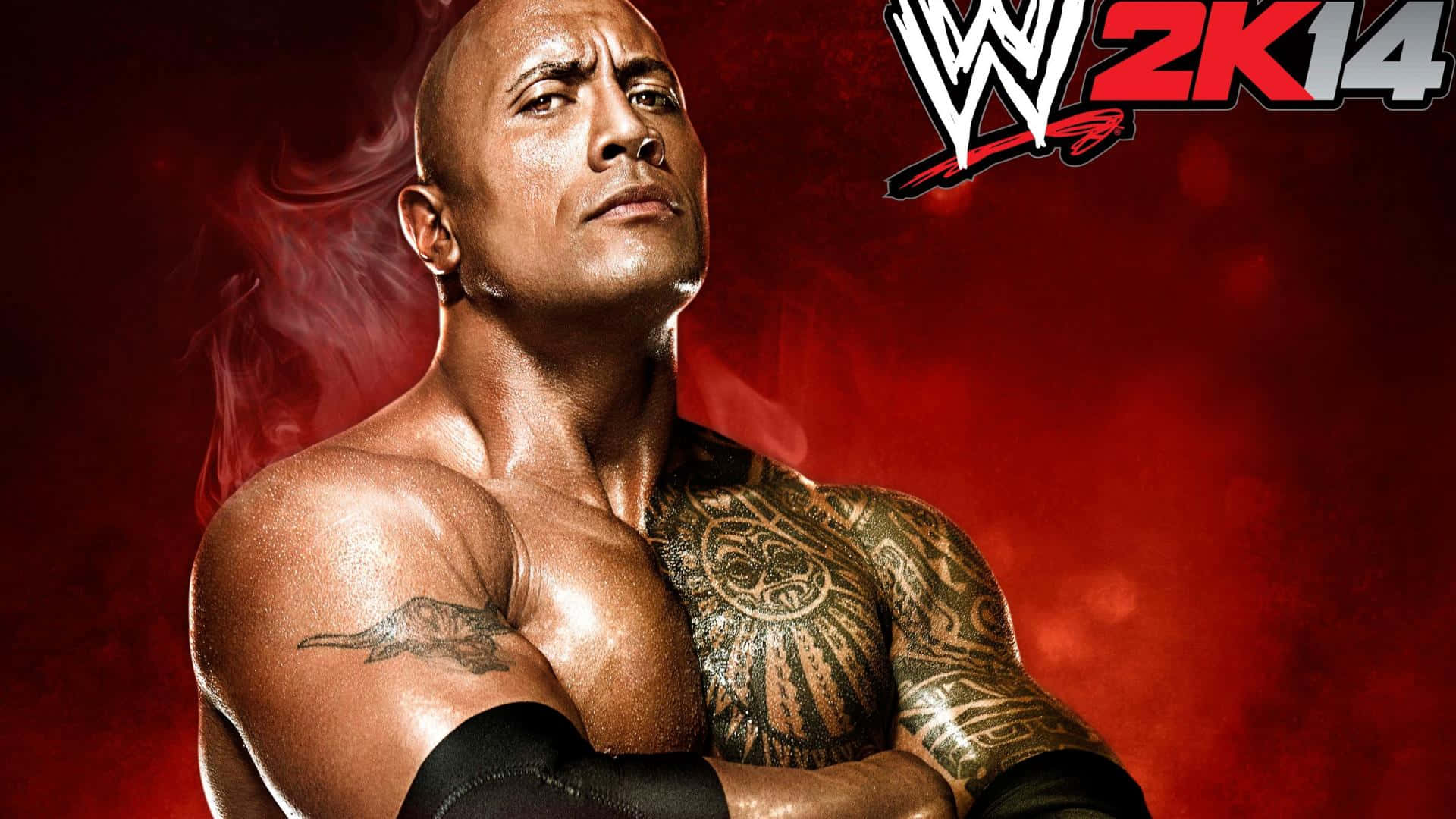 The Rock 桌布 壁紙 — Dwayne Johnson 在 WWE 2K14 中以 The Rock 身份登場，雙臂交叉，背景為煙霧瀰漫的紅色。