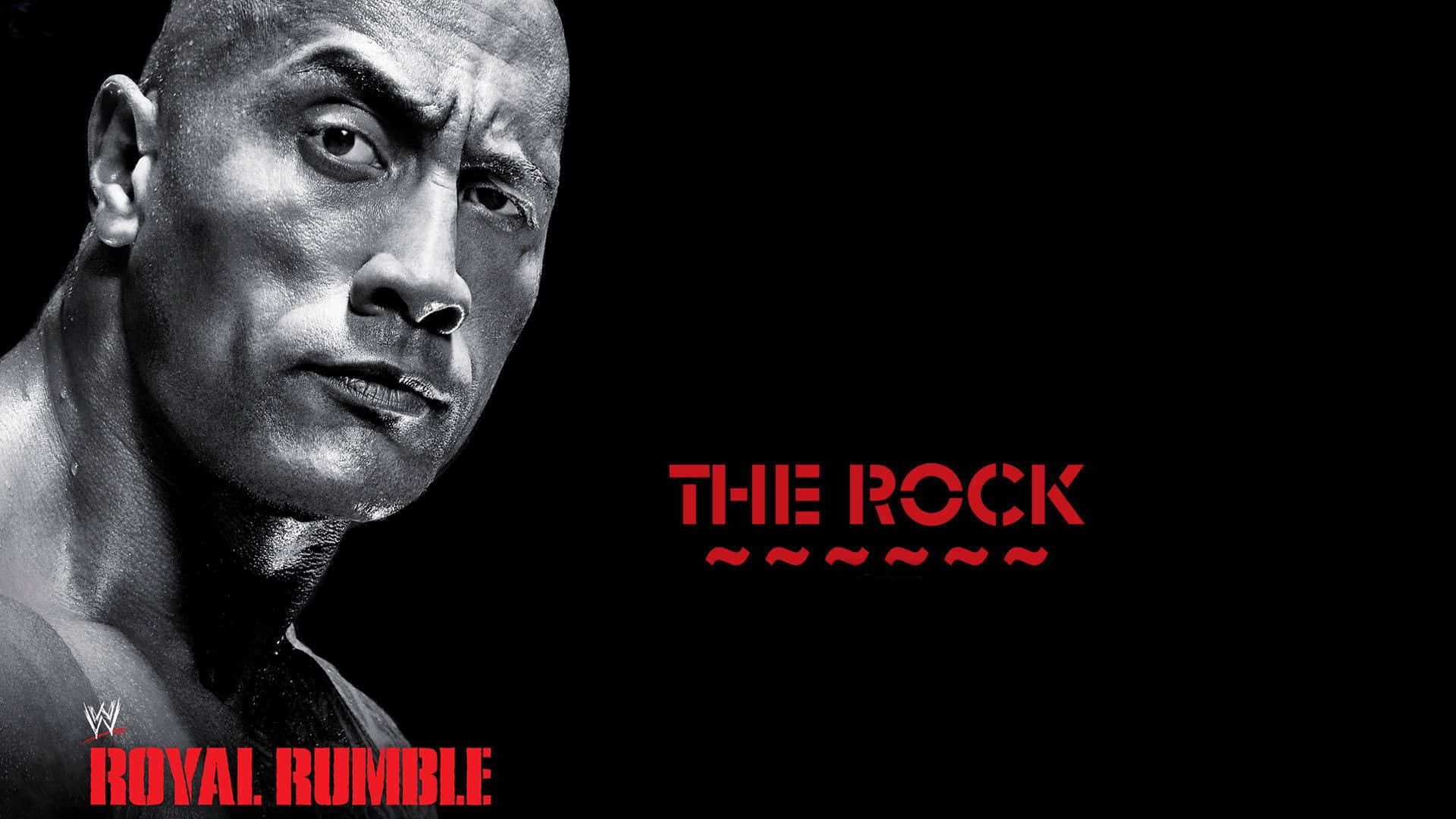 The Rock 桌布 壁紙 — Dwayne Johnson 的高對比黑白肖像，眼神銳利，背景為黑色，帶有紅色 WWE Royal Rumble 文字。