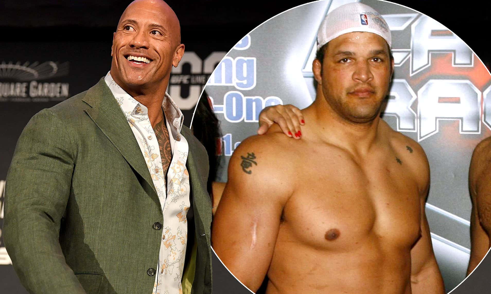 UFC 桌布 壁紙 — Dwayne Johnson 穿著綠色西裝微笑，旁邊有一個圓形插圖，顯示一名赤裸上身、有刺青、戴白色帽子的男子。