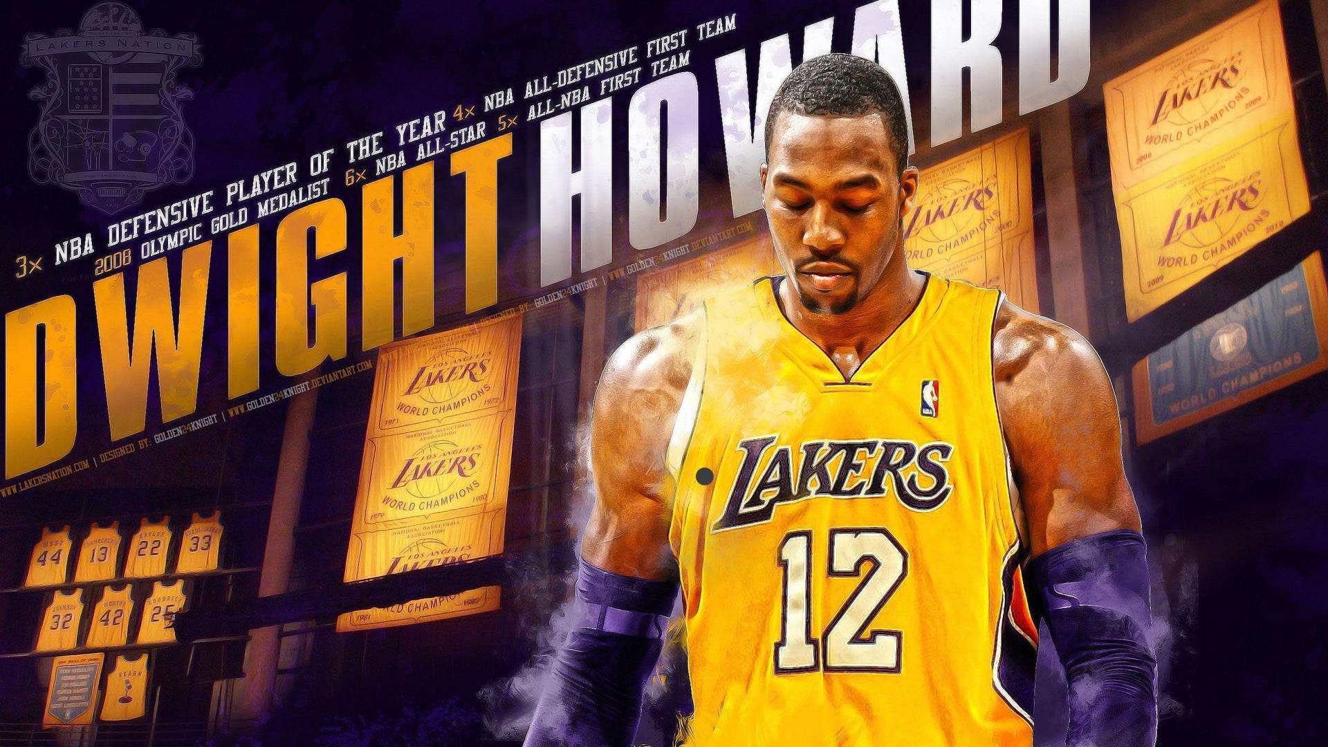 身穿湖人球衣的德懷特·霍華德，背後有冠軍旗幟和榮譽文字。 — NBA 壁紙