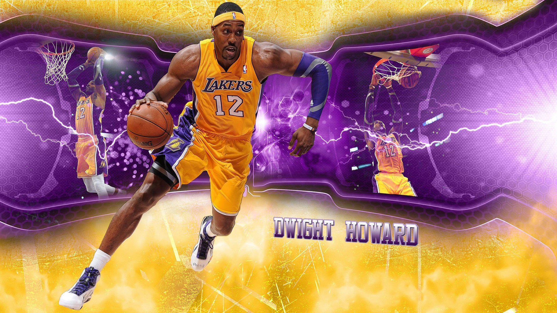 Dwight Howard 身穿湖人球衣運球，帶有閃電效果。 — NBA 壁紙