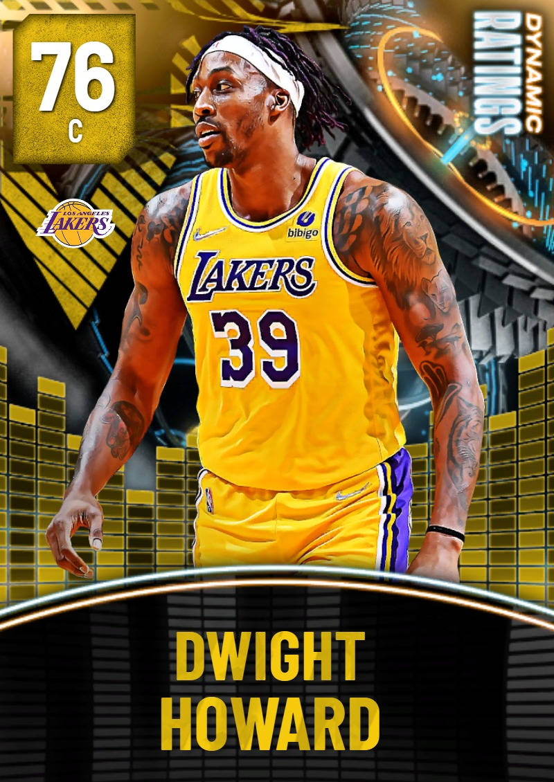 籃球 桌布 壁紙 — Dwight Howard 身穿湖人隊球衣，自信地站在充滿動感的數位背景前，背景帶有發光的黃色和黑色元素。