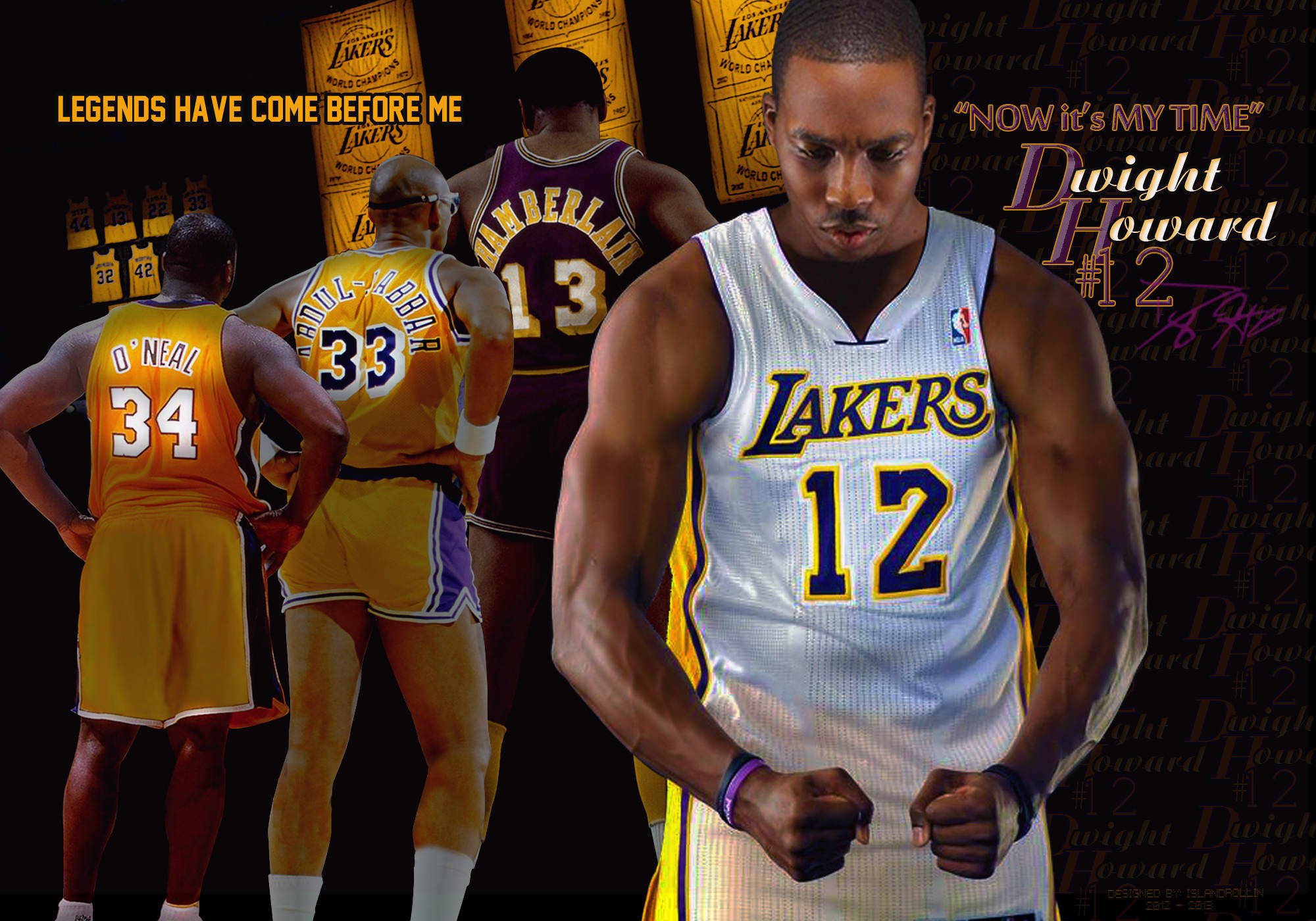 籃球 桌布 壁紙 — Dwight Howard 身穿湖人球衣，堅定地站在傳奇湖人球員歐尼爾和俠客面前，作為致敬桌布。