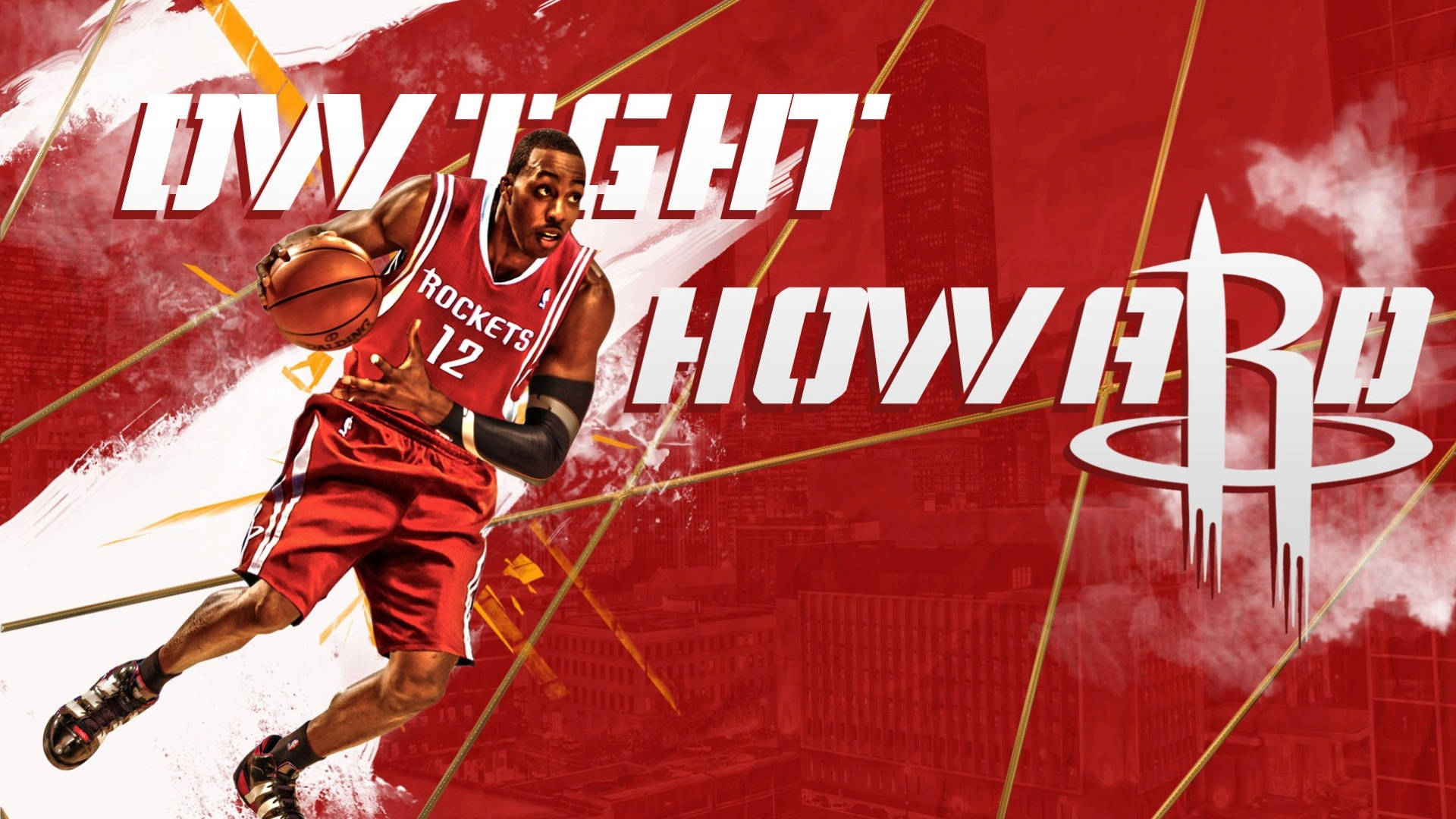 Dwight Howard 身穿火箭隊球衣，以城市天際線為背景運球。 — Michael B Jordan 壁紙