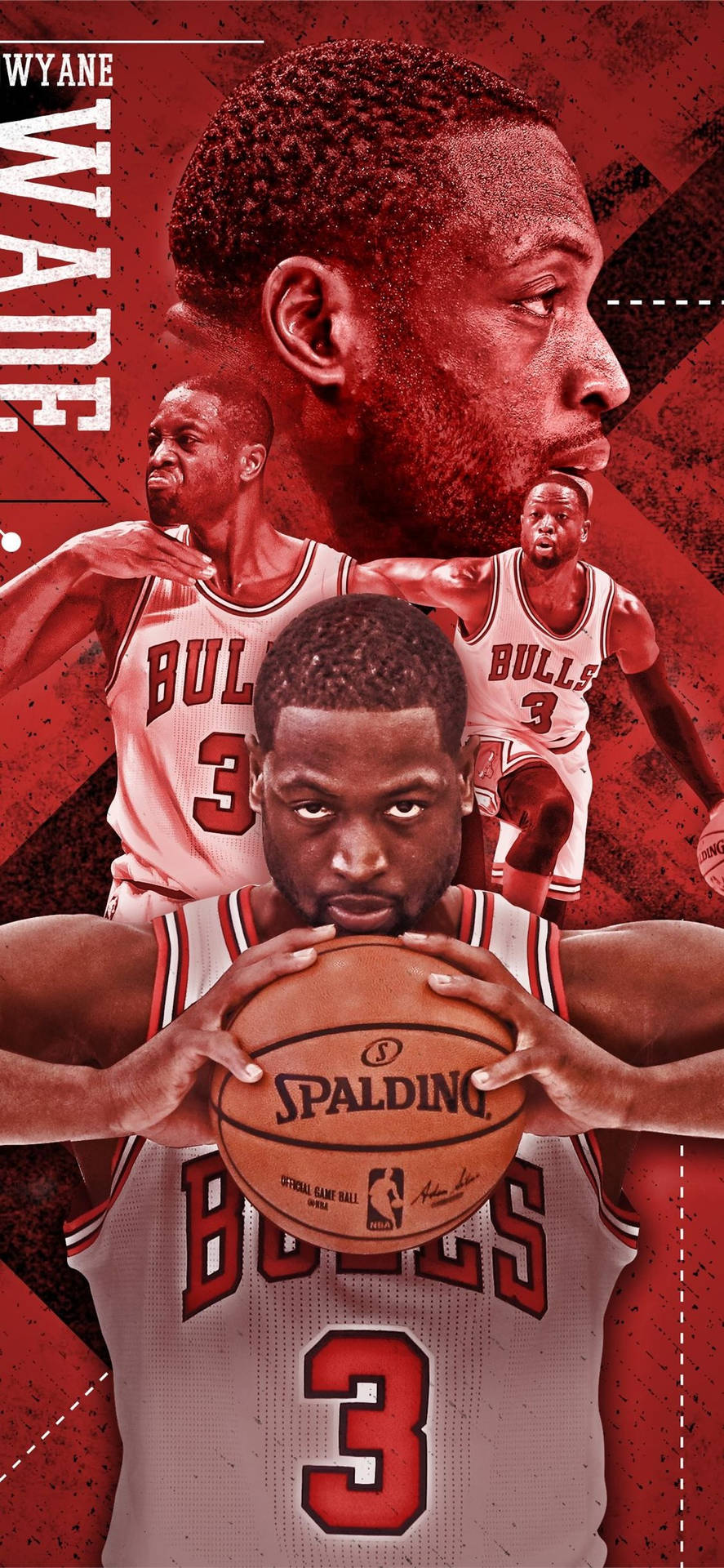 Dwyane Wade身穿芝加哥公牛隊球衣，手持籃球，背後有多張動作照片重疊。 — NBA 壁紙
