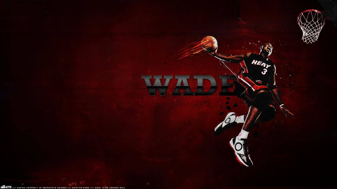 運動 桌布 壁紙 — Dwyane Wade 在半空中灌籃，背景是深紅色紋理，他的名字以粗體字呈現。