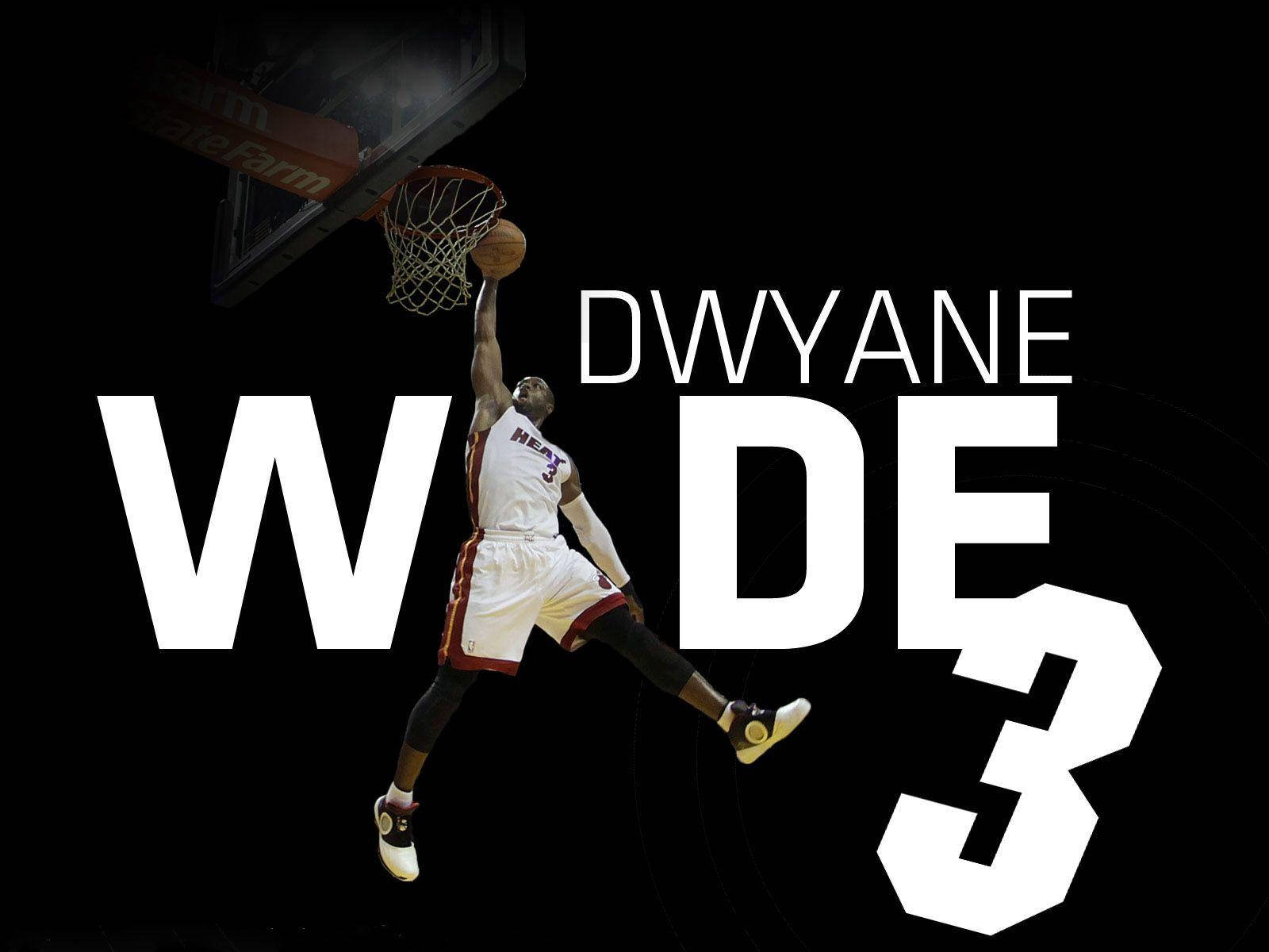 NBA 桌布 壁紙 — Dwyane Wade 在半空中灌籃，他的名字和3號以粗體白色文字顯示在黑色背景上。