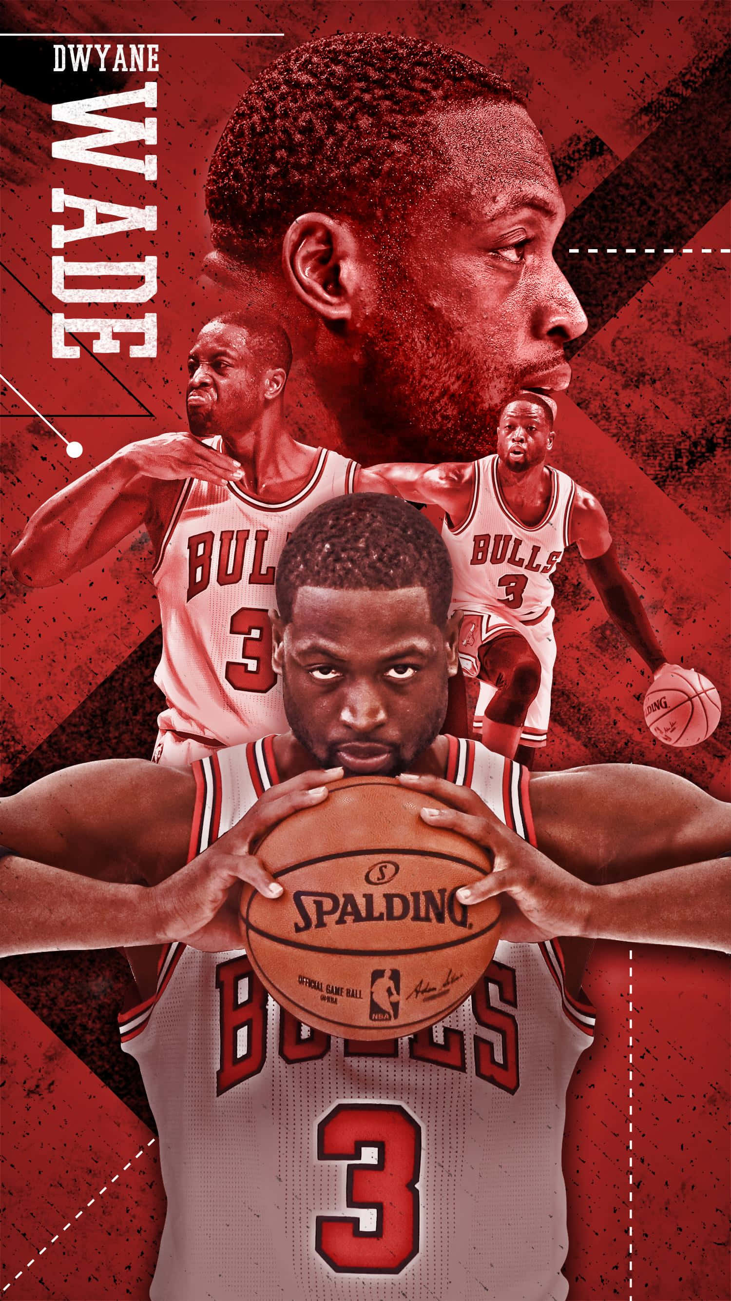 桌布 壁紙 — Dwyane Wade 身穿芝加哥公牛隊球衣，在鮮紅色紋理背景前，專注地拿著 Spalding 籃球。