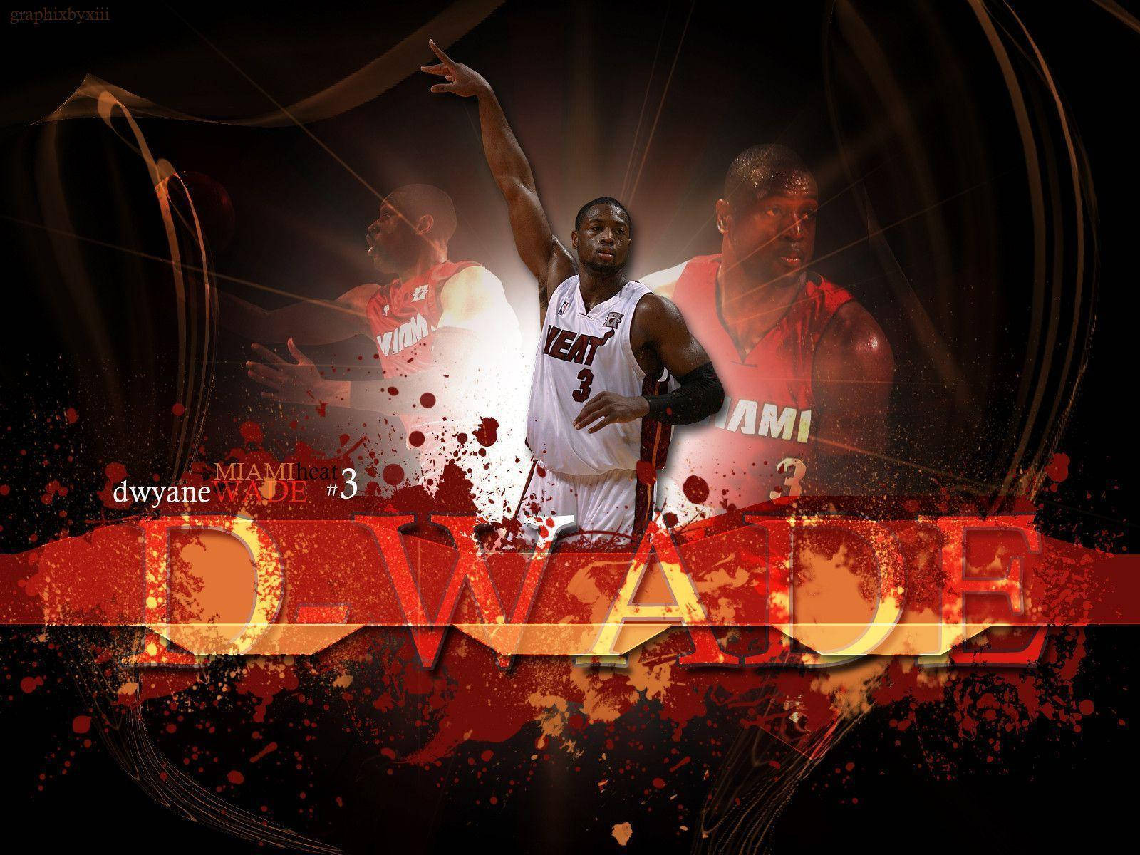 NBA 桌布 壁紙 — Dwyane Wade 身穿邁阿密熱火球衣，在深色背景上以紅色飛濺效果和發光文字動態擺姿勢。