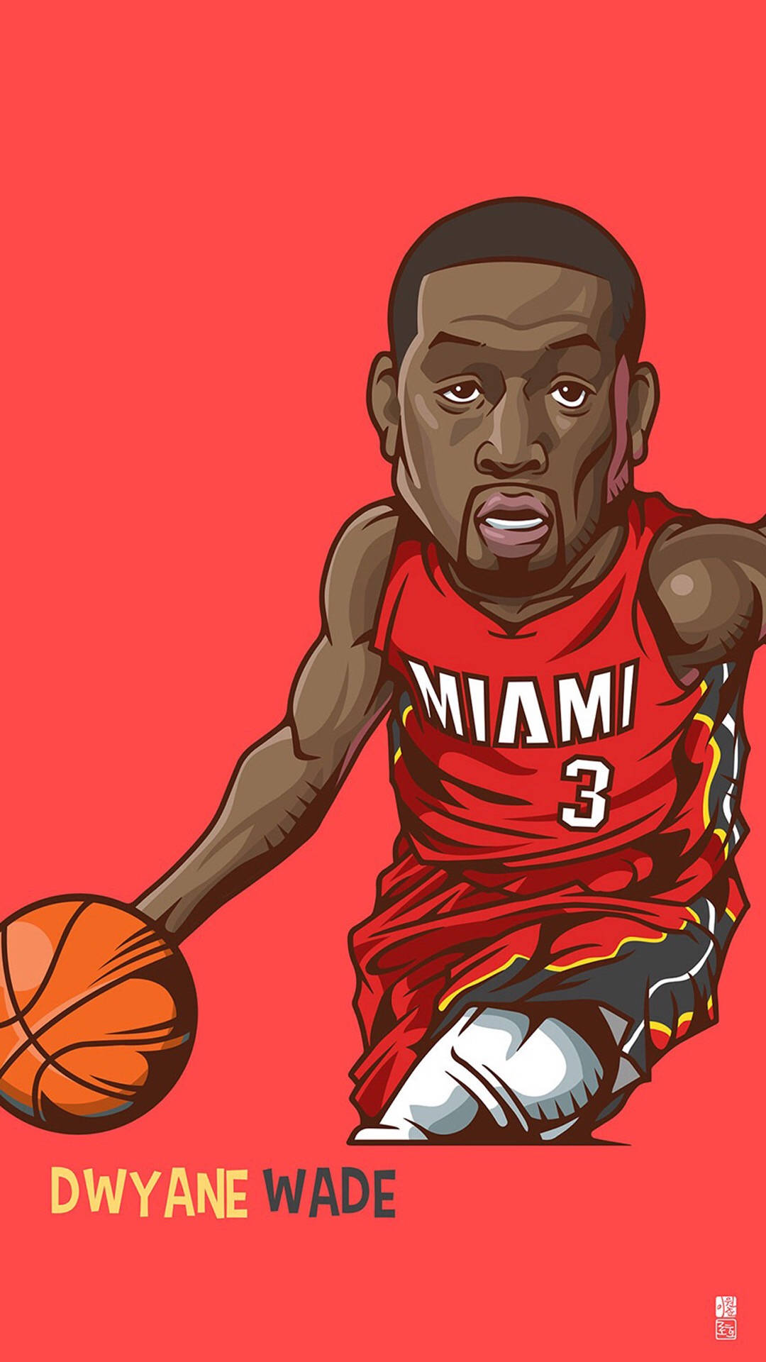 籃球 桌布 壁紙 — Dwyane Wade 身穿邁阿密熱火球衣，在純紅色背景上以粗獷卡通風格運球。