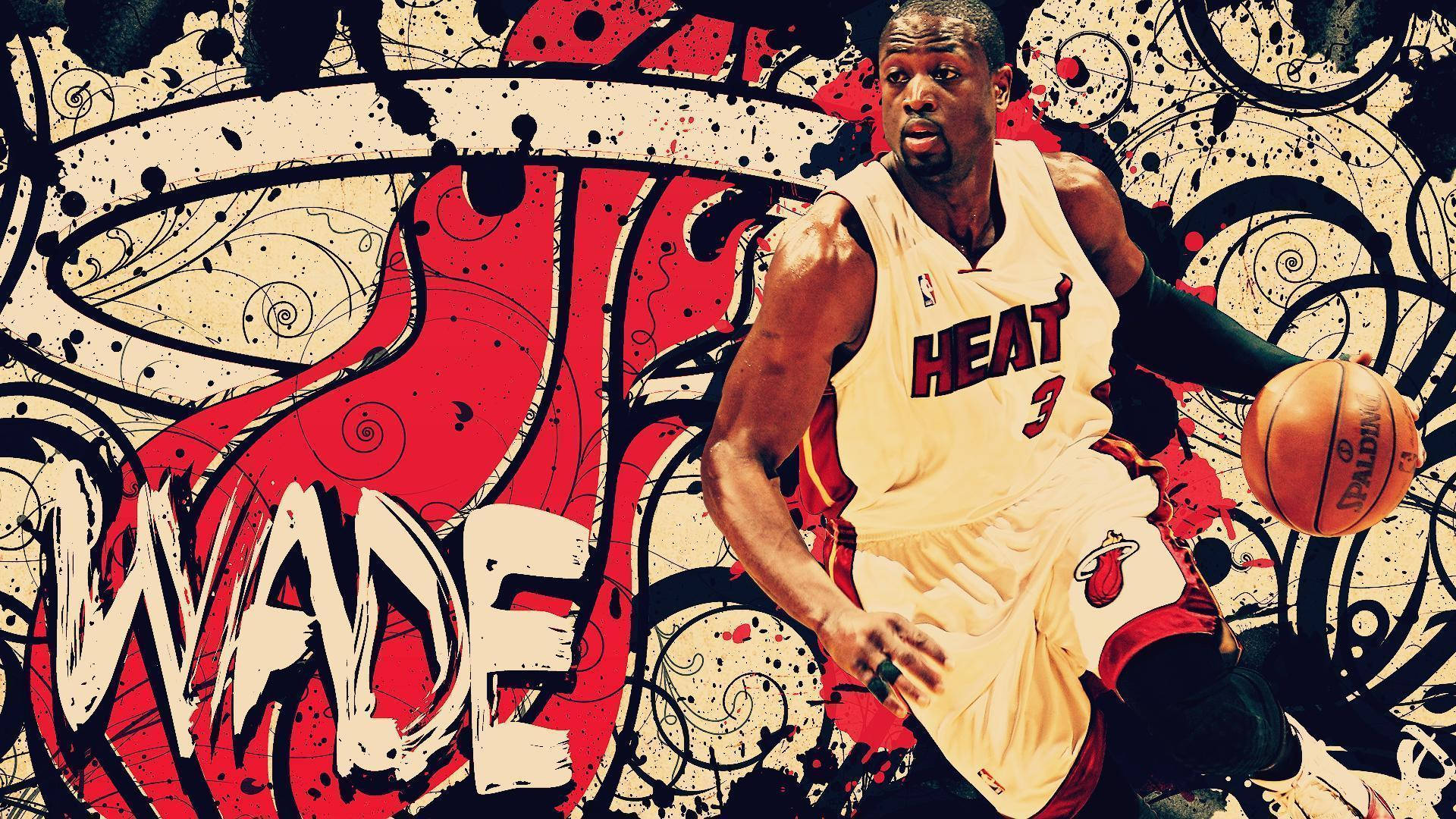 NBA 桌布 壁紙 — Dwyane Wade 身穿邁阿密熱火球衣，在塗鴉風格的紅黑背景前運球，並有粗體 'WADE' 字樣。