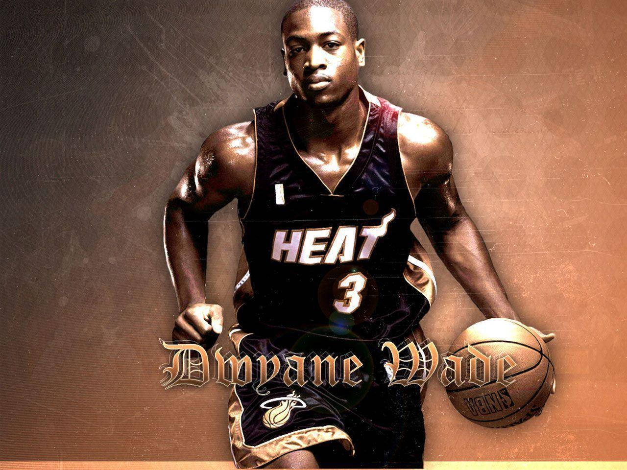NBA 桌布 壁紙 — Dwyane Wade 身穿邁阿密熱火球衣，在紋理棕色背景下手持籃球，目光專注。