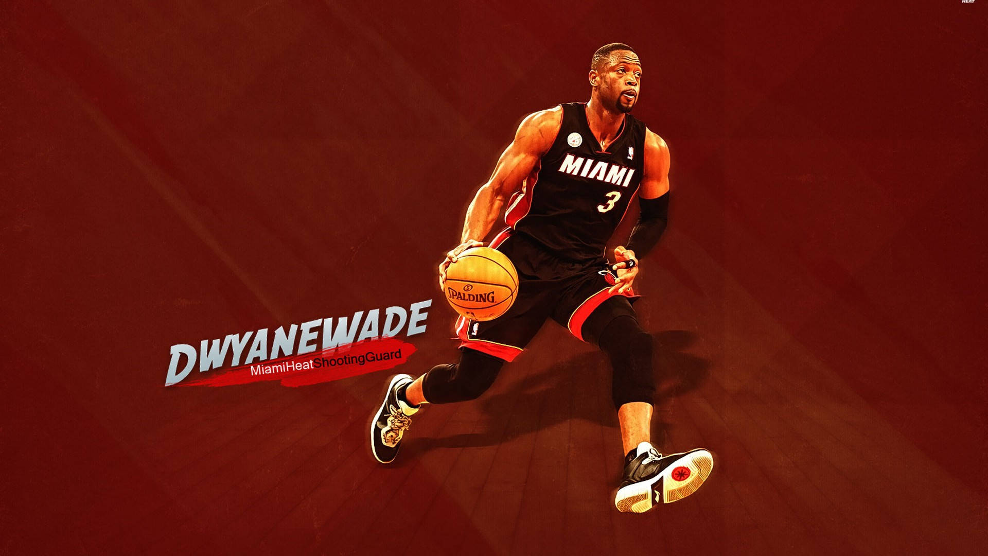 Heat 桌布 壁紙 — Dwyane Wade 身穿邁阿密熱火球衣，在深紅色背景下專注地運球。