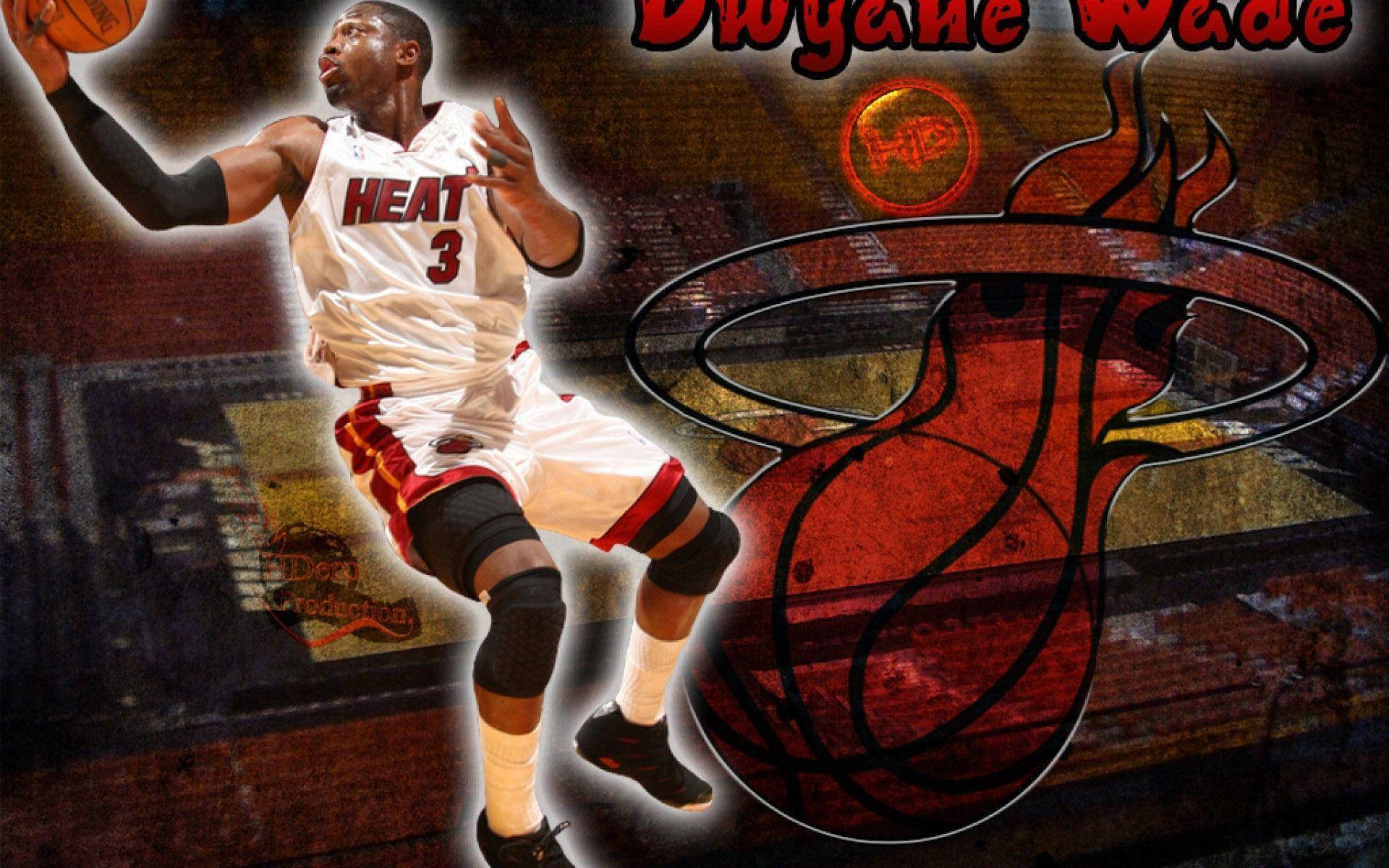 NBA 桌布 壁紙 — Dwyane Wade 身穿邁阿密熱火球衣，在帶有球隊標誌的粗獷城市背景下，動態地跳起並持球。