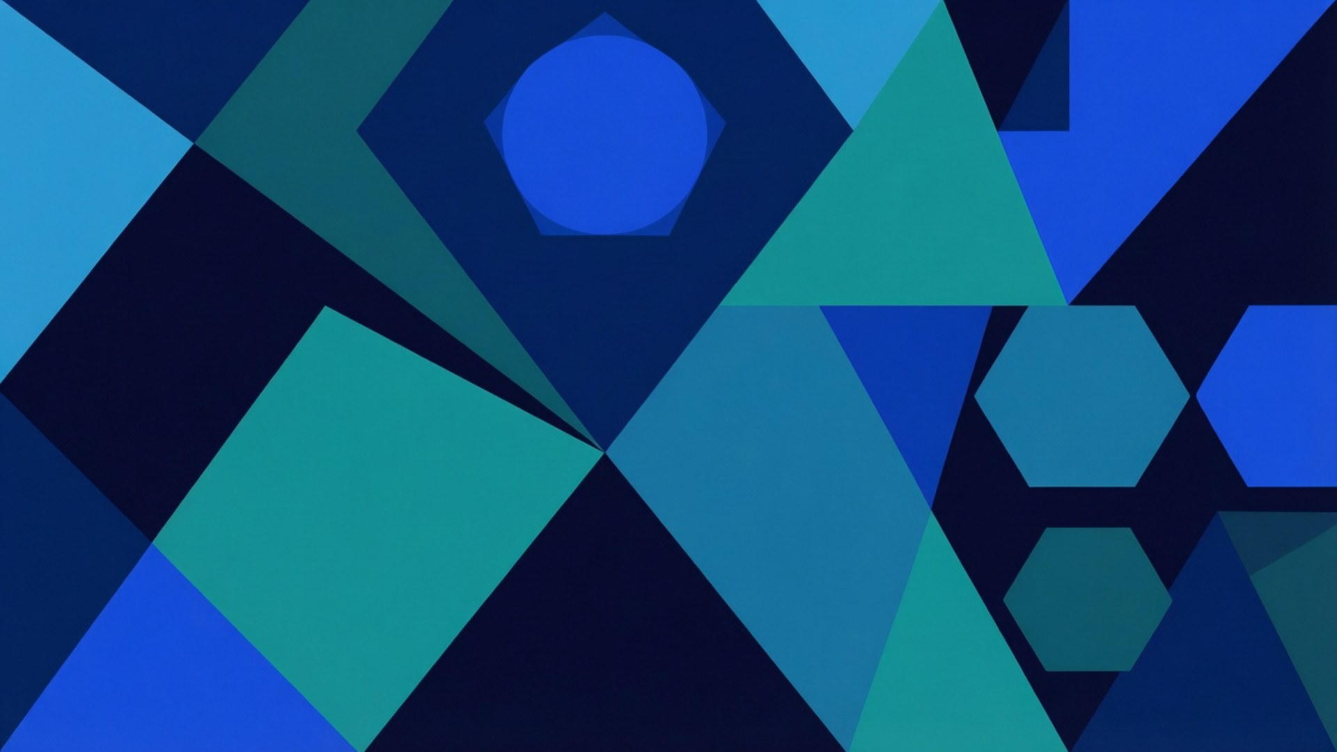 Blue Geometric Tiles 壁紙 — 一個動態的抽象構圖，由不同深淺的藍色和藍綠色重疊幾何形狀組成。