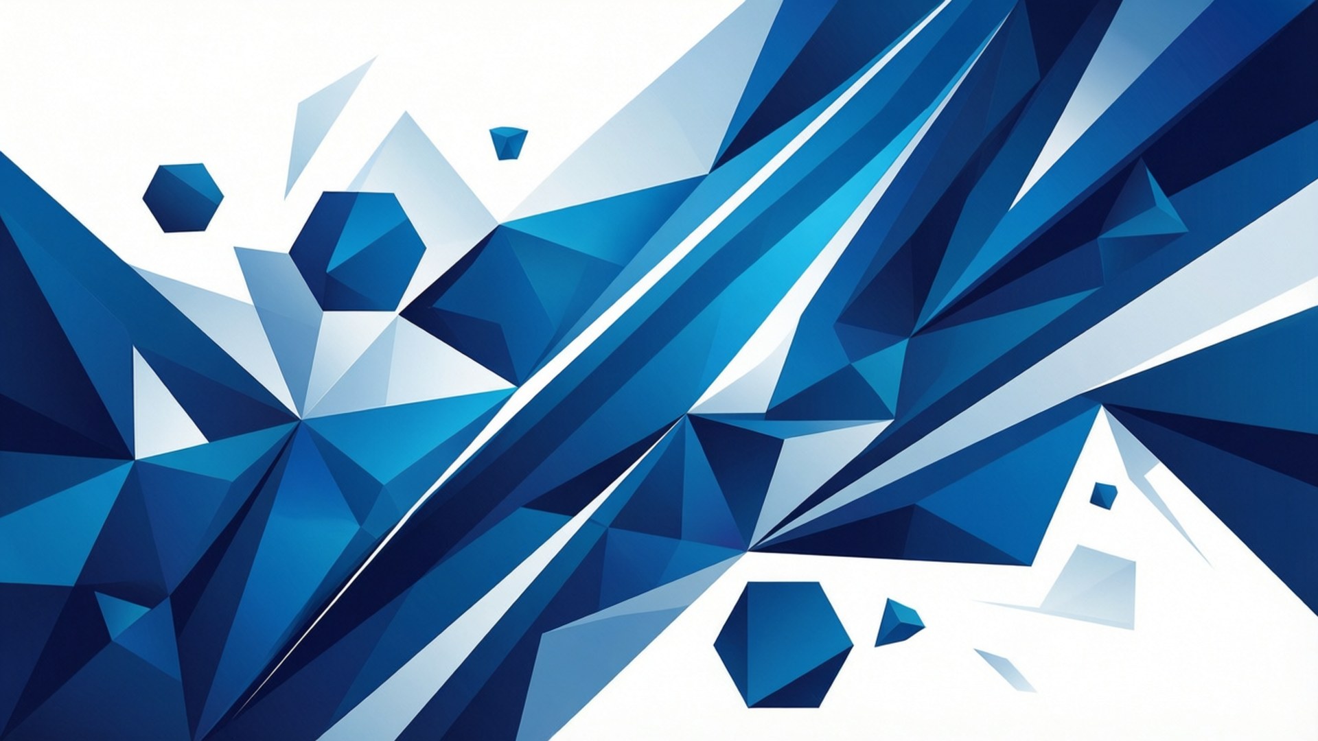 PS4 Geometric Abstract 壁紙 — 動態抽象構圖，由尖銳的藍色幾何碎片和三角形組成，沿對角線方向在 stark 白色背景上放射。