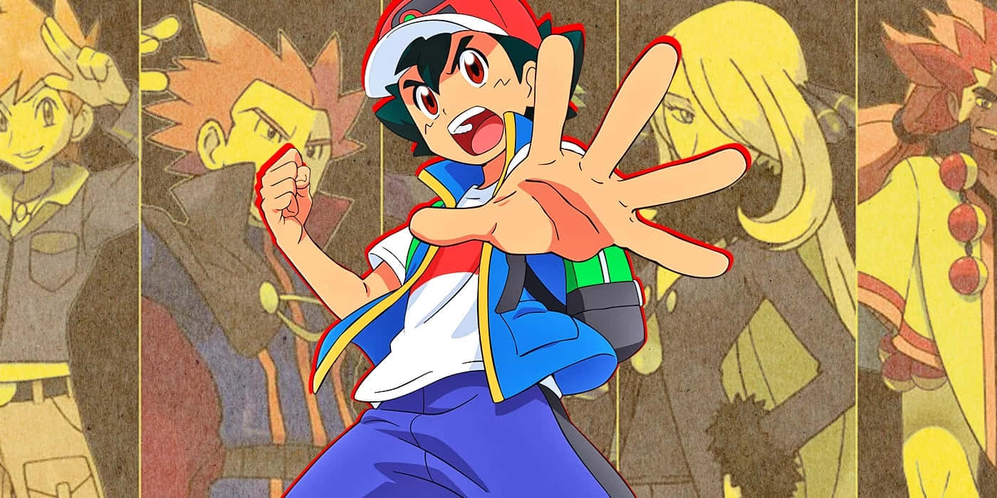 Pokemon League 桌布 壁紙 — 一個戴紅色帽子和藍色背包的動態動漫男孩，在風格化的插圖角色背景下興奮地做手勢。