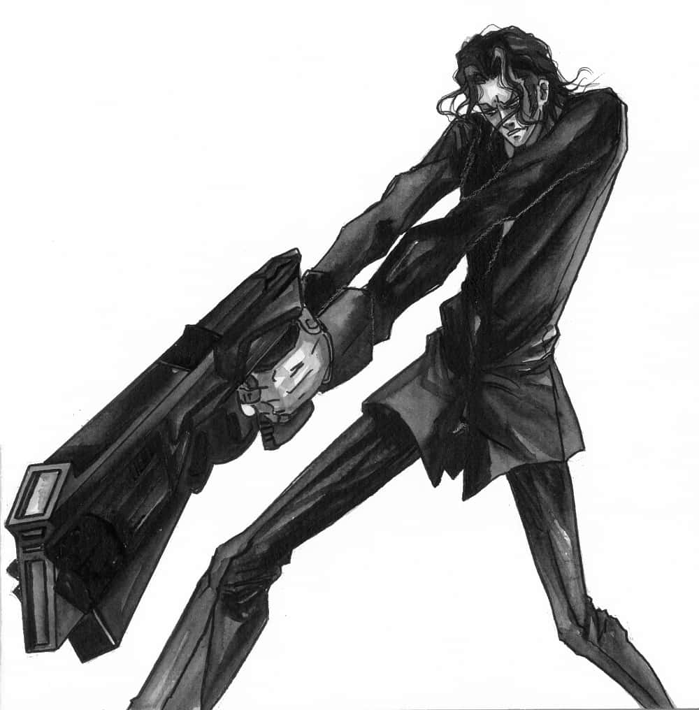 身穿外套的動漫角色瞄準大型未來武器。 — Sasuke 壁紙