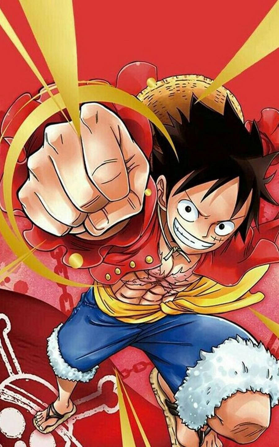 動漫海盜男孩，身穿紅衫藍褲，以發光的黃色靈氣向前出拳。 — 海賊王 iPhone 壁紙 壁紙