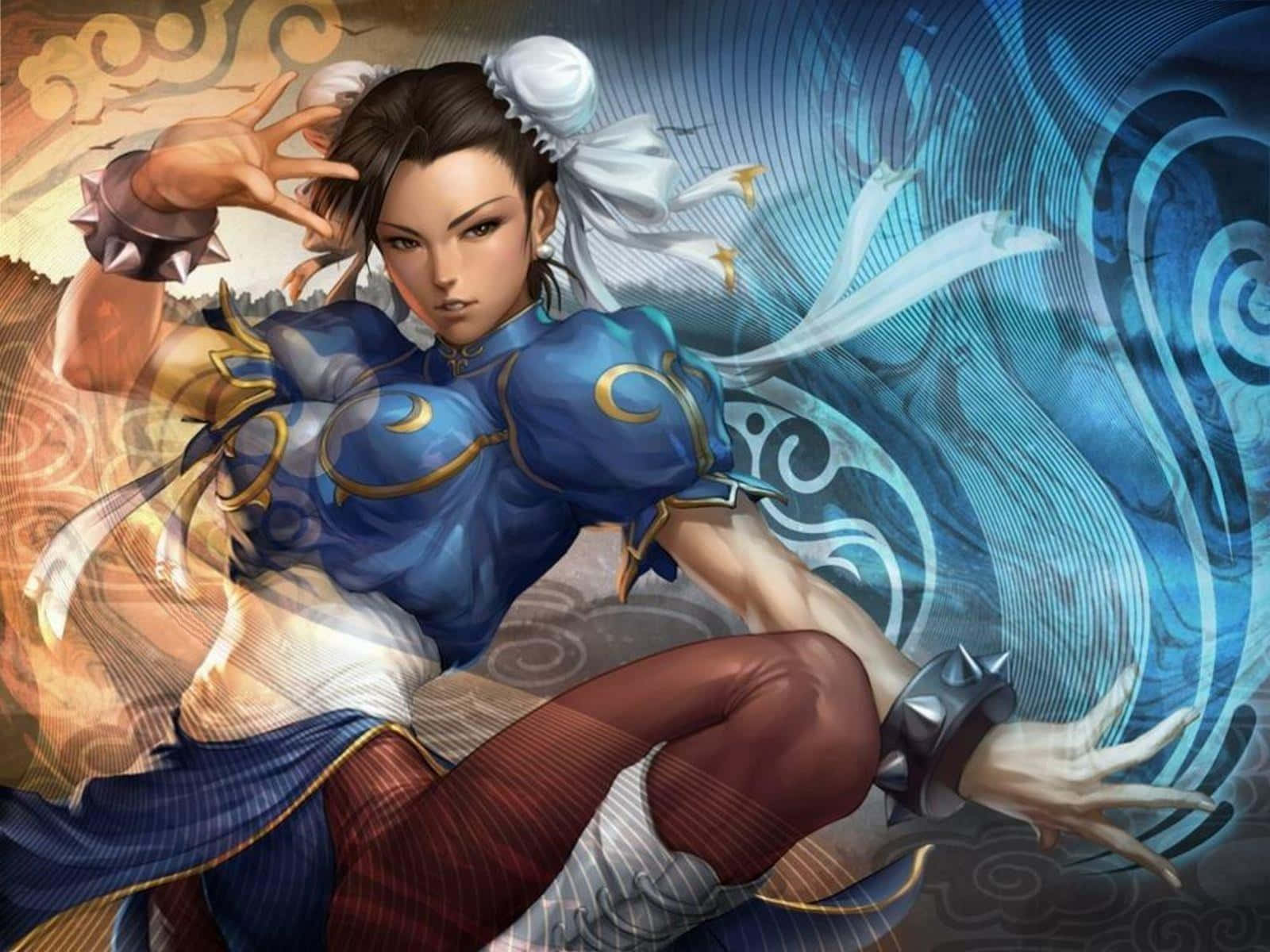  壁紙 — 一位身穿藍紅武術服的動感動漫戰士，在旋轉的藍金能量背景前擺出強力姿勢。