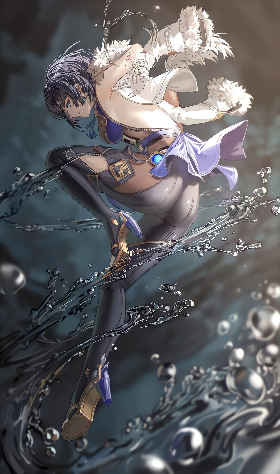 穿著白色和紫色服裝的動漫女孩跳過黑暗的水面，水花四濺。 — 原神 蘇蘋 壁紙