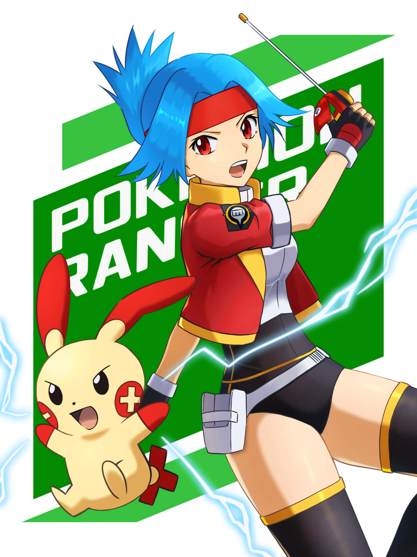  壁紙 — 一個動態的動漫女孩，藍色頭髮紅色眼睛，揮舞著避雷針，而一隻帶有紅色十字標記的皮卡丘在她旁邊充電，背景是綠色的寶可夢巡護員標誌。