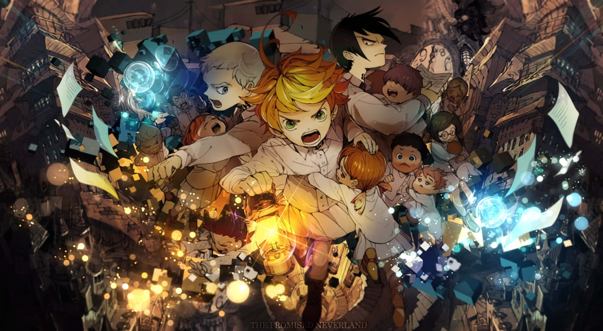 The Promised Neverland Emma 桌布 壁紙 — 一群動態動畫兒童，手持發光燈籠和漂浮的紙張，身處崩塌的城市景觀中。