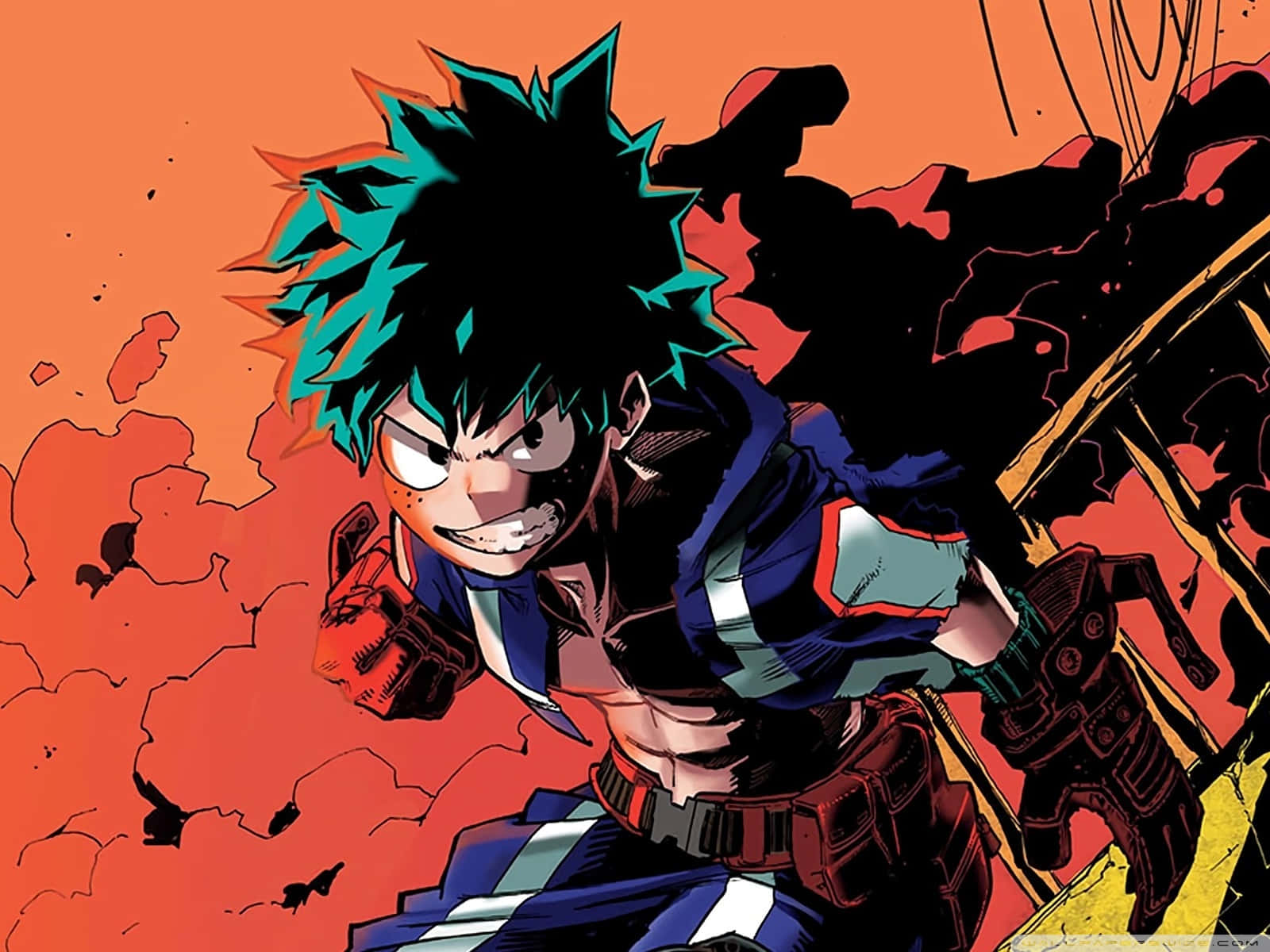 Dark Deku 桌布 壁紙 — 一位充滿動感的動漫英雄，擁有尖刺的青色和黑色頭髮，在熾熱的橙色背景和破碎的碎片中向前衝刺。