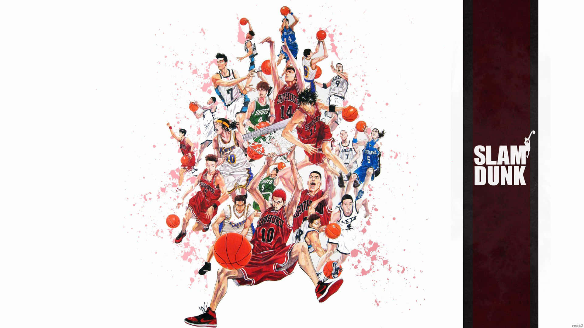 動漫籃球球員在空中灌籃，伴隨油漆濺出和球隊球衣。 — NBA 壁紙