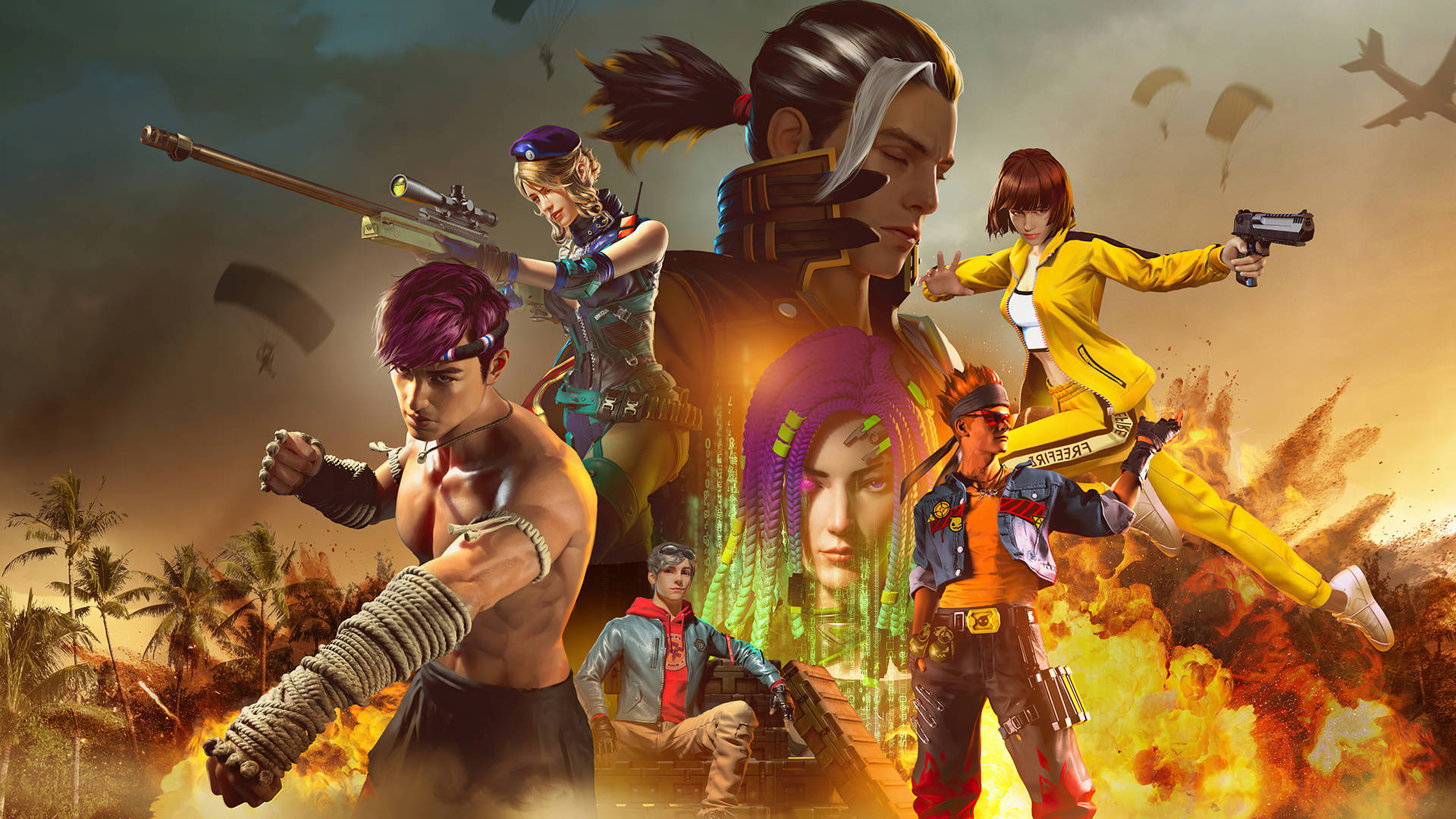 動漫角色在熱帶環境中進行帶有爆炸和降落傘的戰鬥。 — Free Fire 壁紙