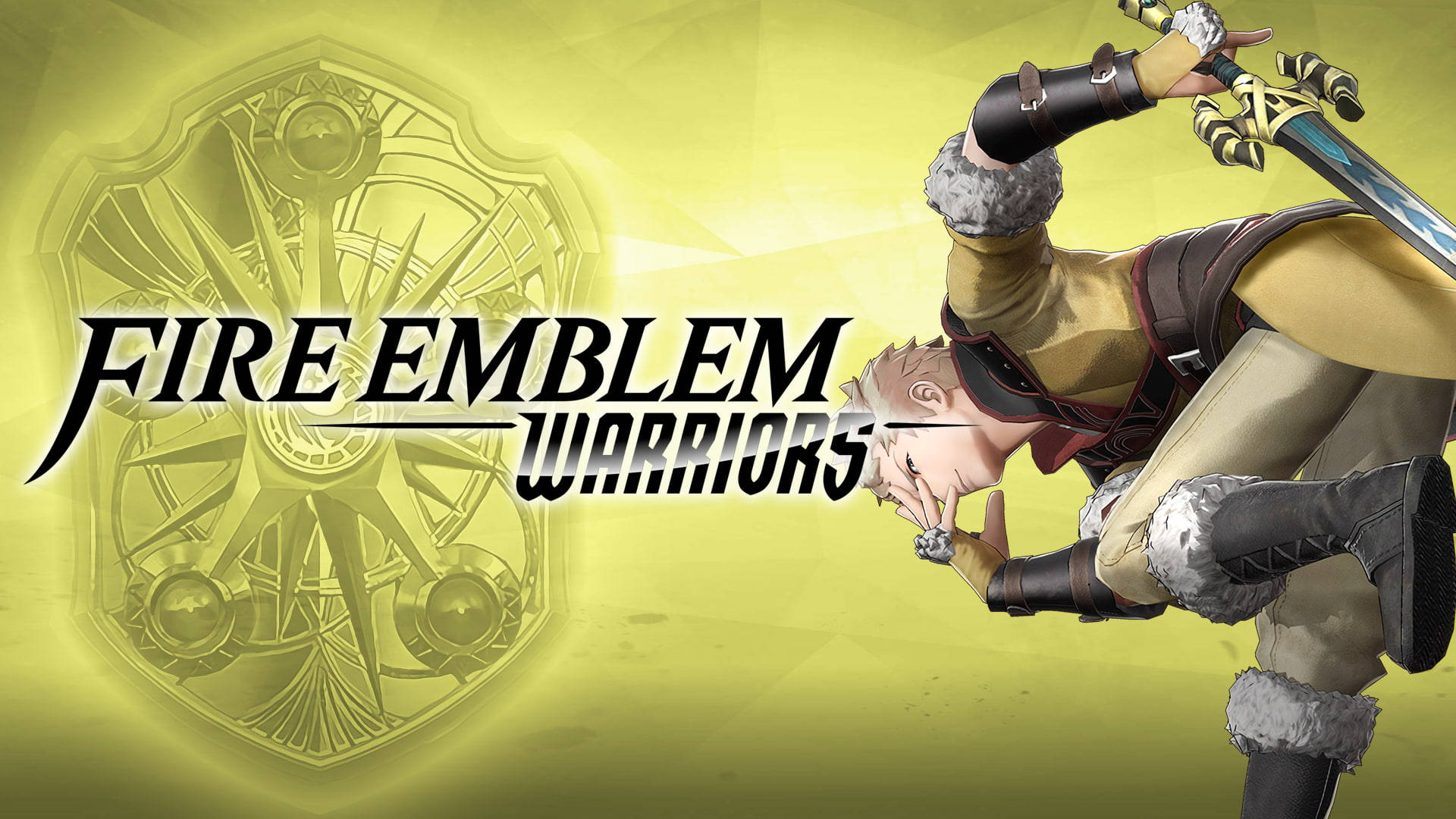 動漫戰士穿著冬季裝備，在黃色標誌背景下持劍跳躍。 — Fire Emblem Warriors 壁紙