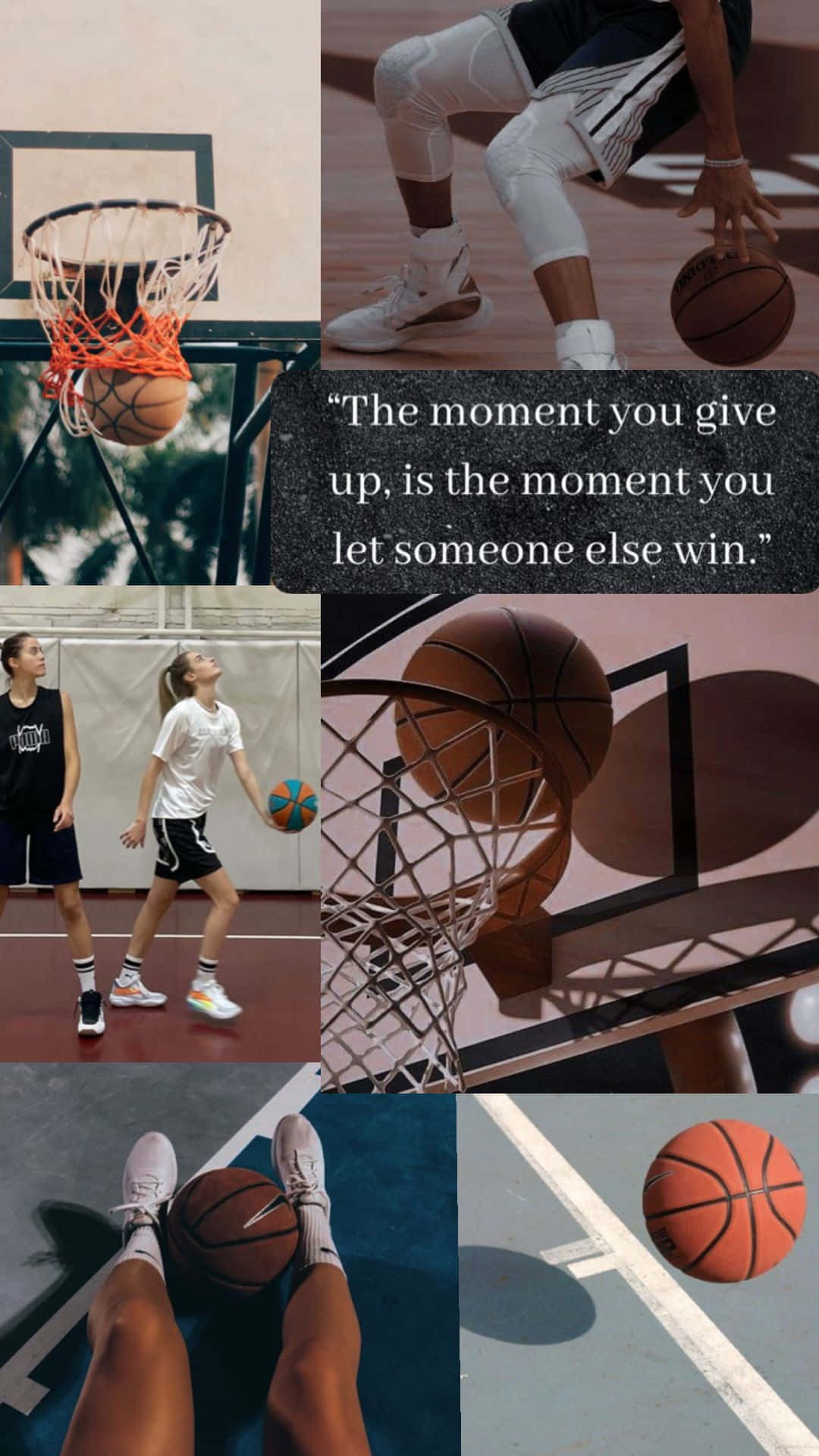 Sports Aesthetic 桌布 壁紙 — 動態籃球拼貼畫，展示球員在比賽中的動作、籃框和球的特寫，以及勵志文字疊加。
