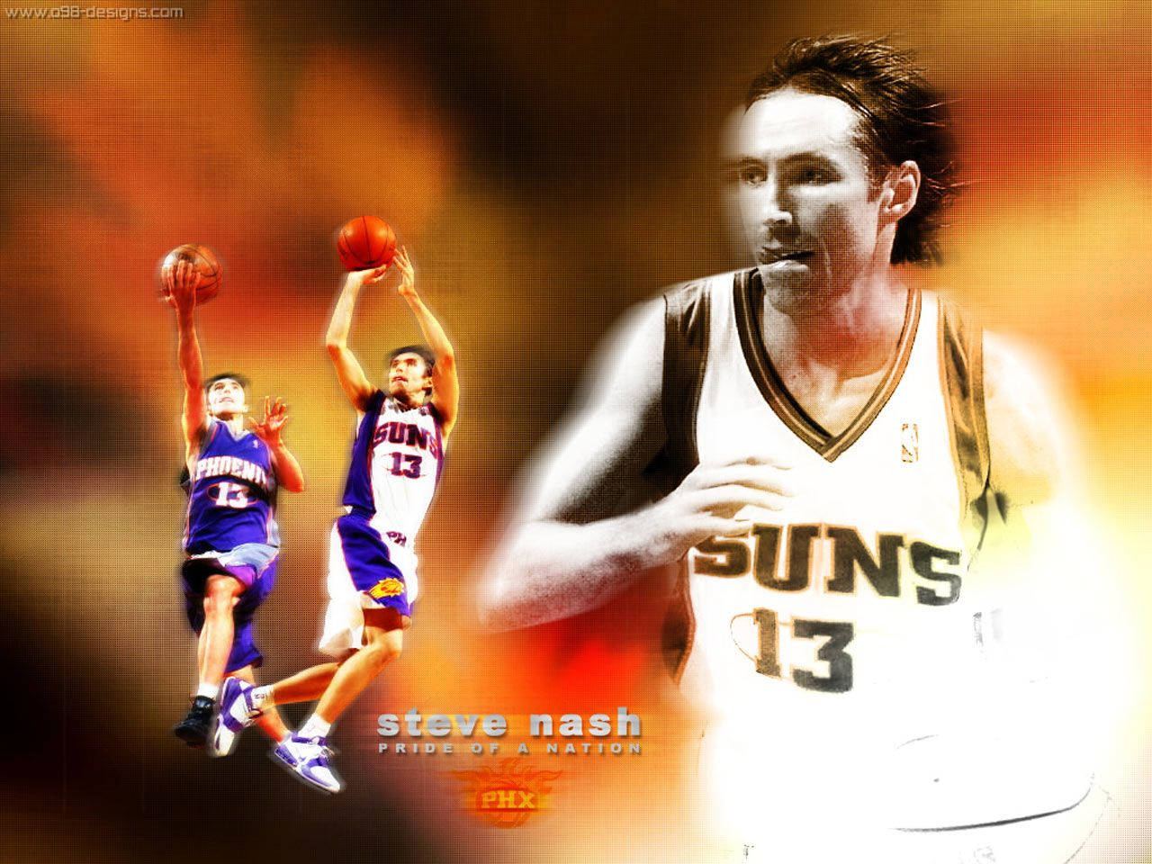 史蒂夫·奈許身穿太陽隊球衣，在火熱背景中展示動作鏡頭。 — NBA 壁紙