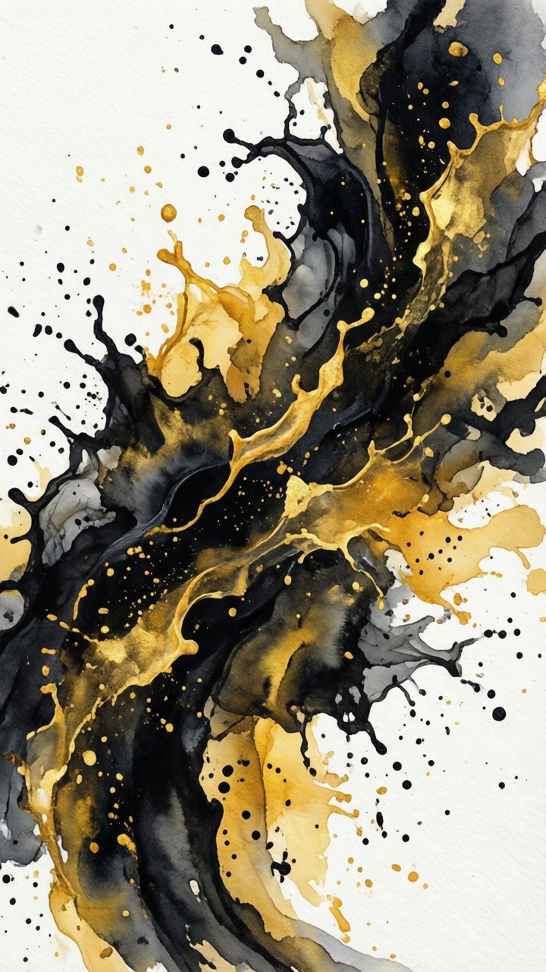 Watercolor Steeler 壁紙 — 動態黑色和金色墨水飛濺在紋理白色畫布上爆炸，形成大膽的抽象構圖。