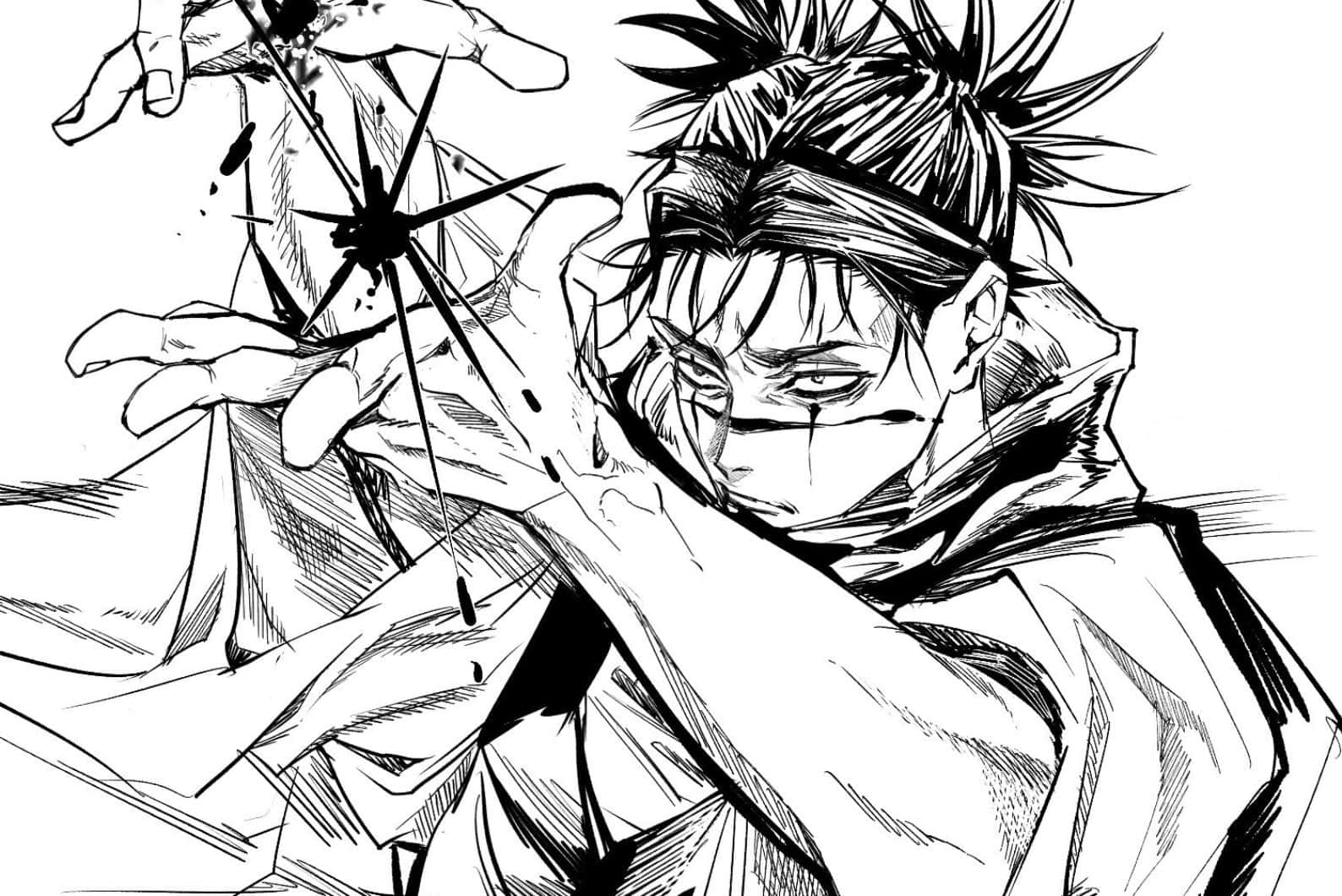  壁紙 — 一幅充滿動感的黑白動畫插圖，描繪一位堅定的年輕男子透過雙手引導神秘能量。