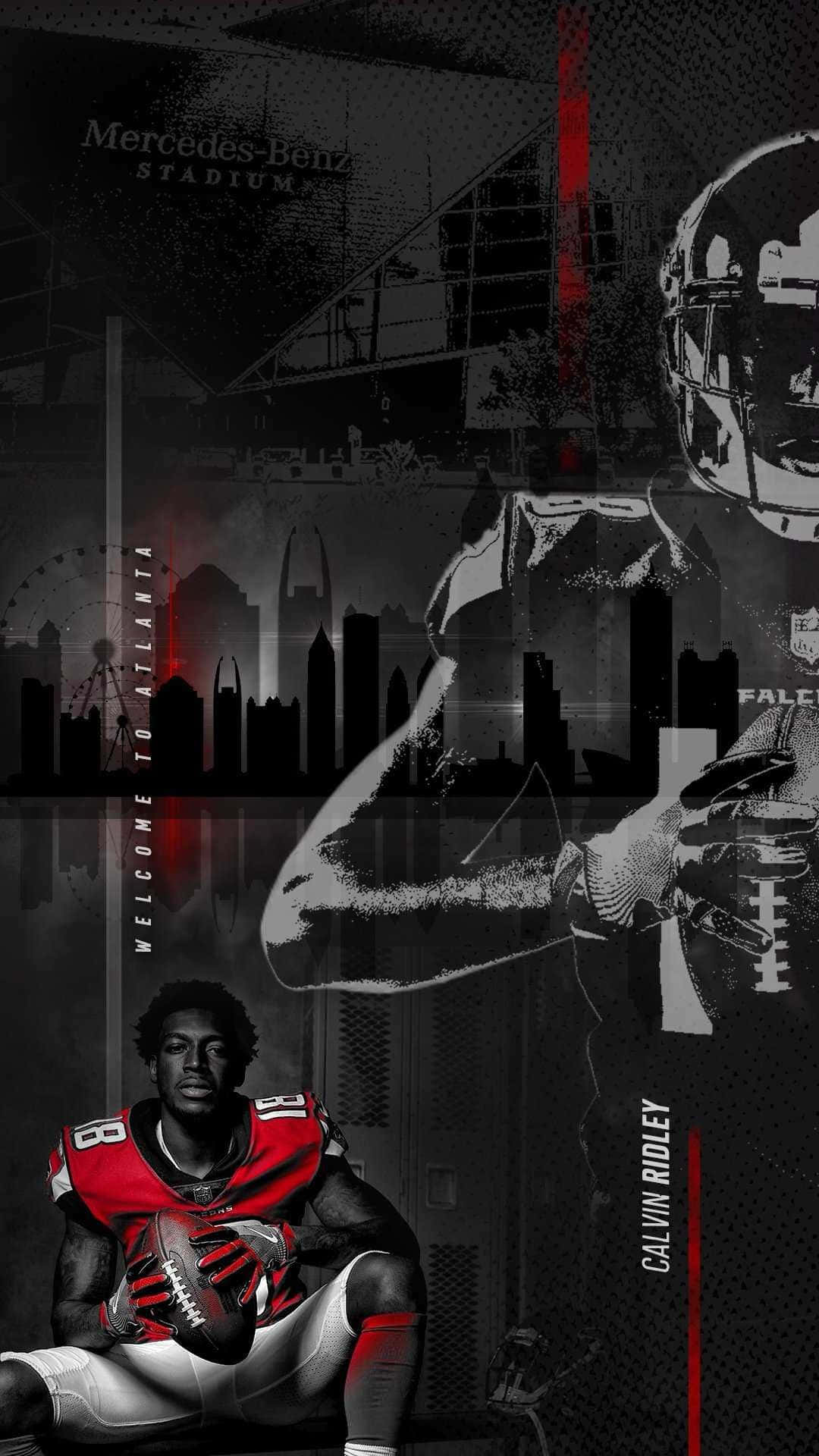  壁紙 — 一張動態黑白足球桌布，Calvin Ridley 身穿紅色球衣，手持足球，背景是亞特蘭大天際線和梅賽德斯-賓士體育場。