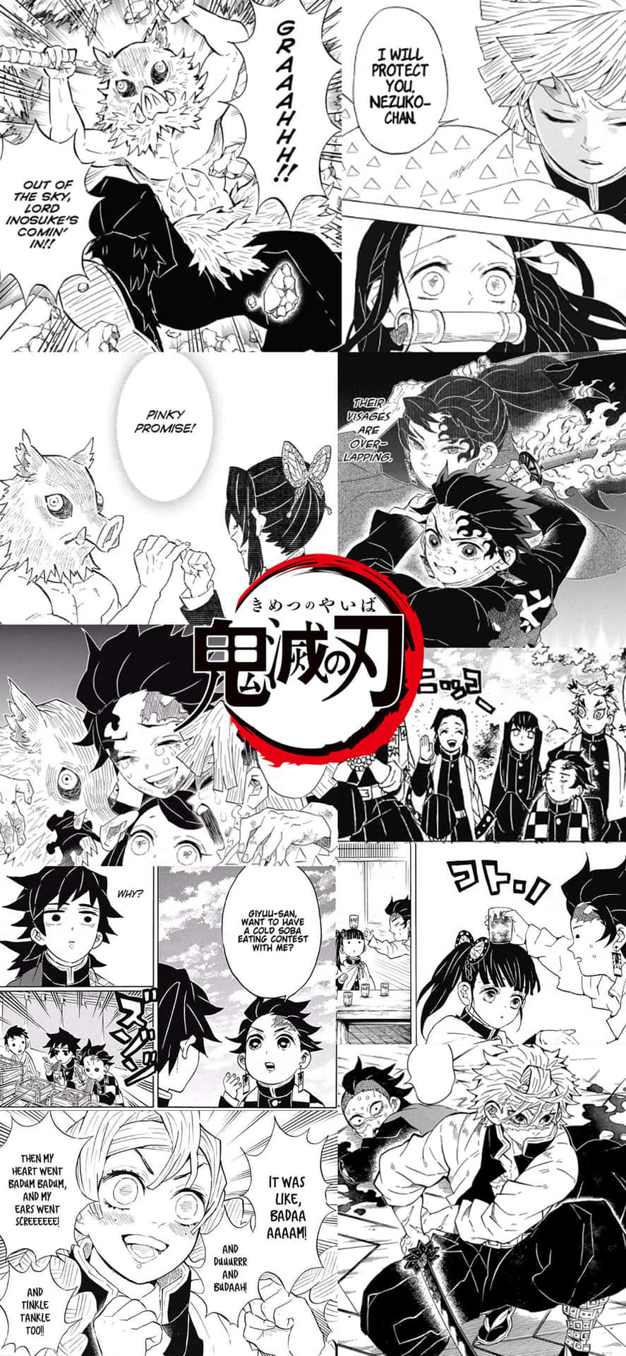  壁紙 — 來自《鬼滅之刃》的動態黑白漫畫面板，展示了角色在戰鬥和對話中的激烈動作和情感表達。