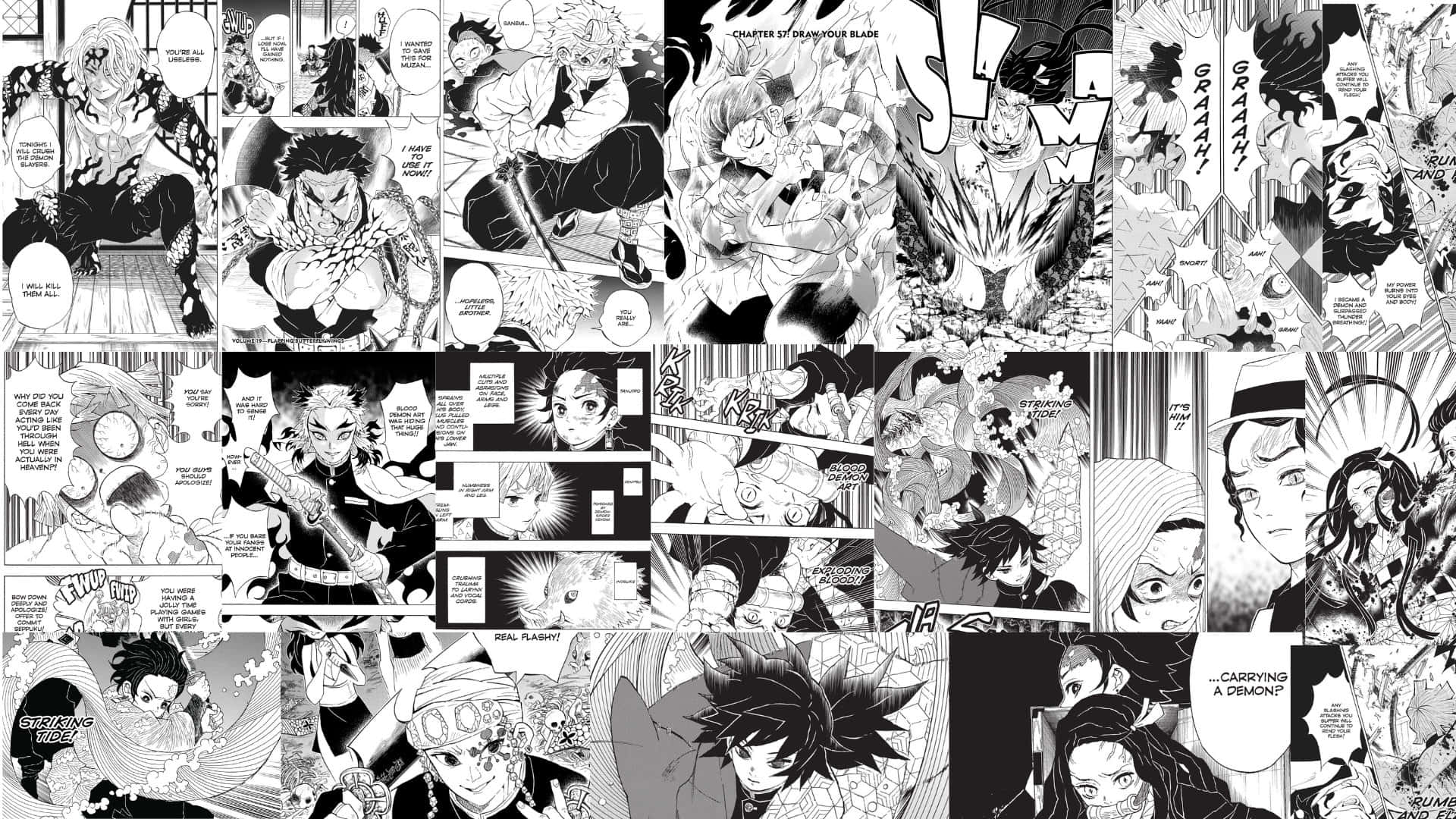  壁紙 — 《鬼滅之刃》的動態黑白漫畫面板展現了激烈的動作和情感角色時刻。