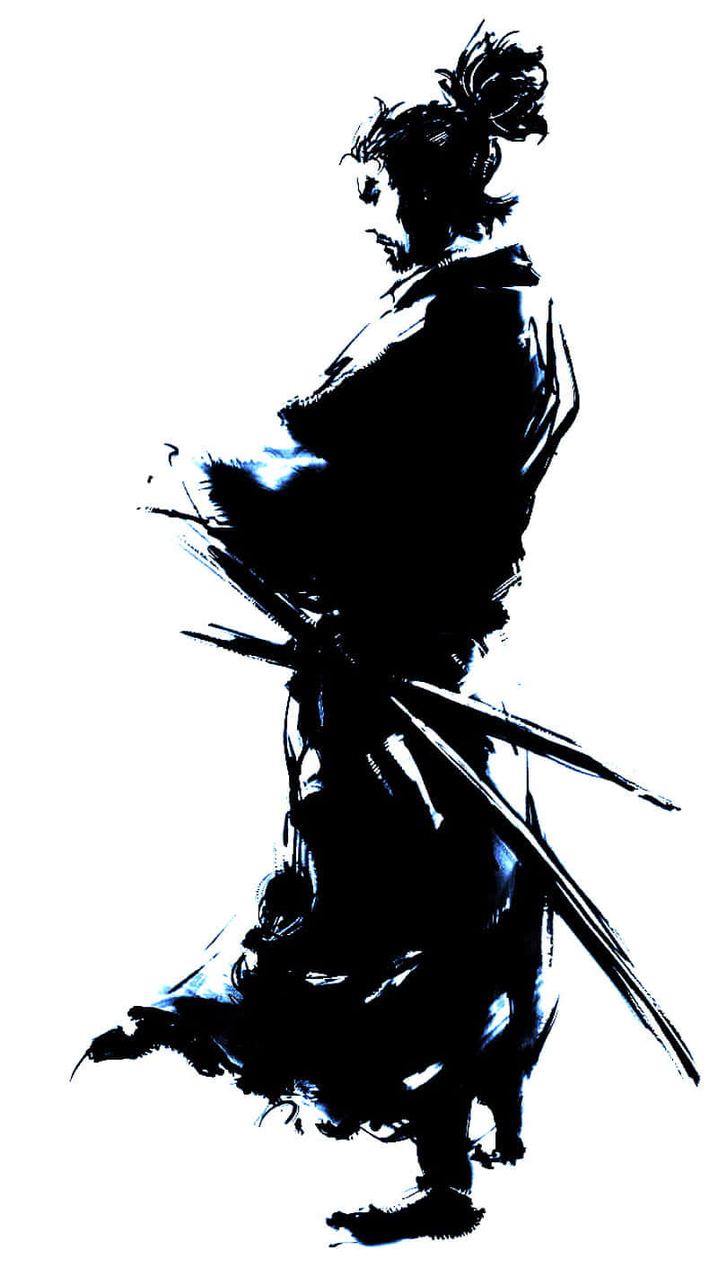  壁紙 — 一個動態的黑色墨水剪影，描繪一位穿著傳統服飾的武士，手持武士刀，背景為純白色。