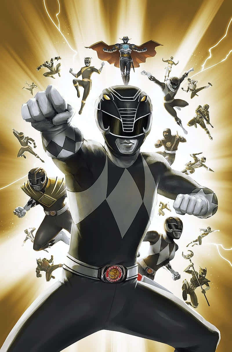  壁紙 — 一個動感十足的黑銀色Power Ranger帶領一隊飛行中的Rangers，背景是閃爍的金色和閃電。