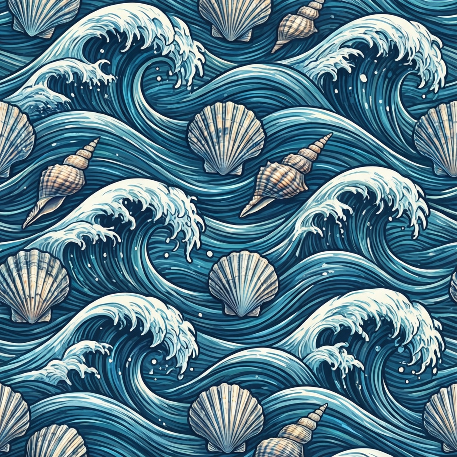 seamless 桌布 壁紙 — 動態藍色海浪，帶有白色泡沫和散落的貝殼，形成重複圖案。