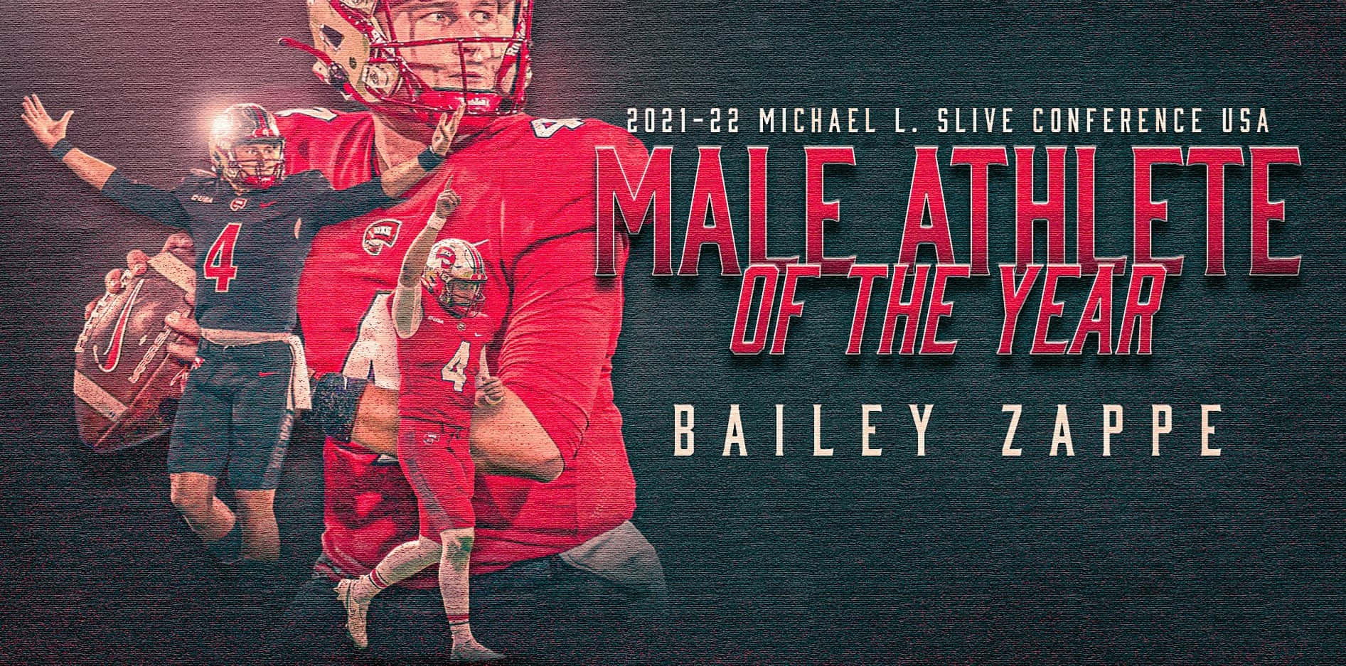  壁紙 — 一個動態拼貼畫，慶祝Bailey Zappe成為2021-22年度美式足球男子運動員，展示他動作姿勢，並在深色紋理背景上配有粗體紅色文字。