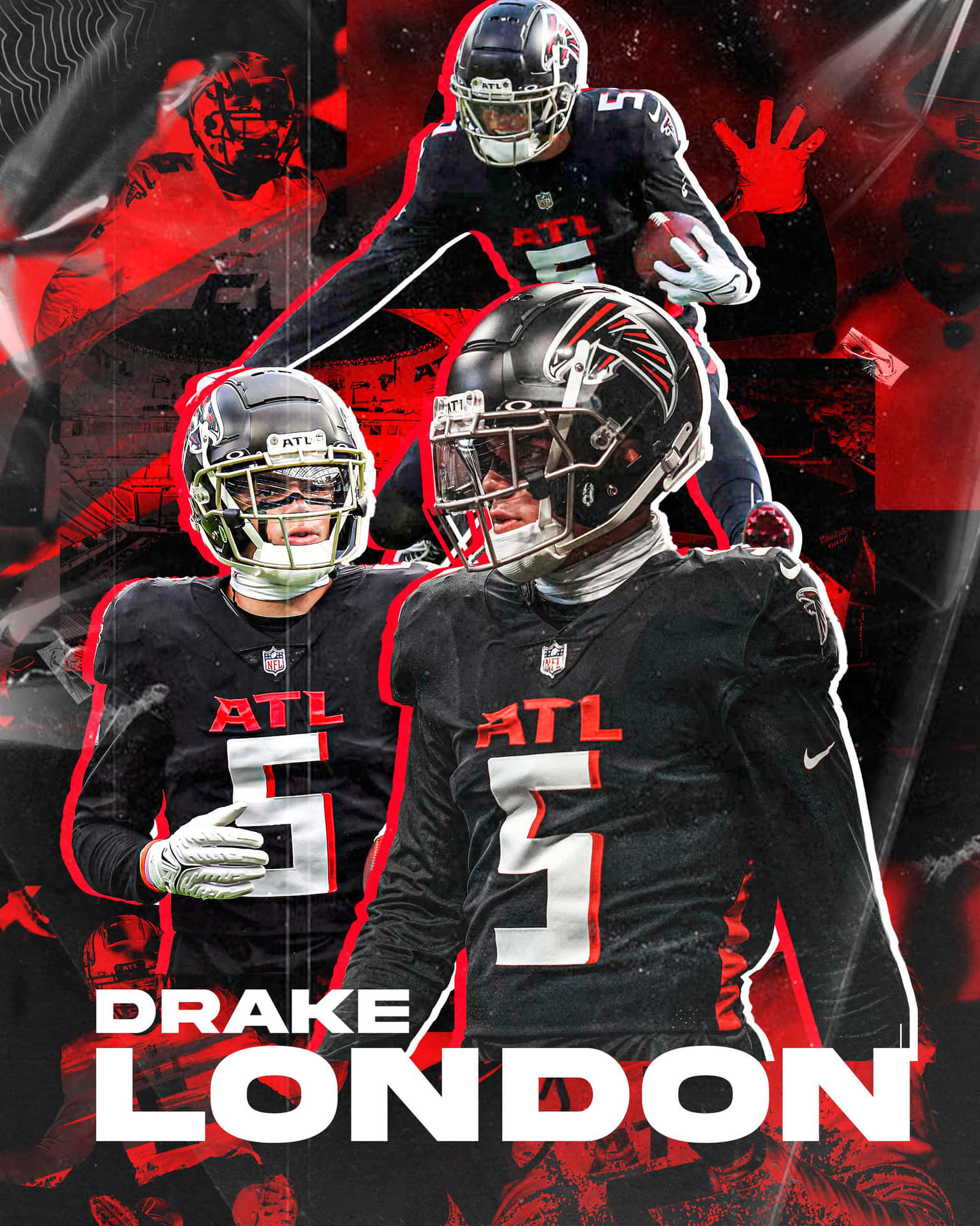  壁紙 — 亞特蘭大獵鷹足球員Drake London的動態拼貼，展現動作姿勢，搭配大膽的紅黑圖形疊加。