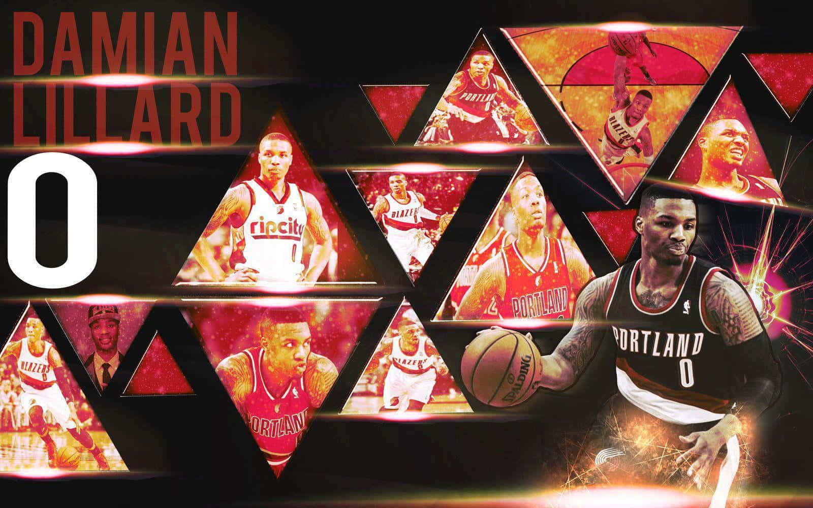  壁紙 — 動態拼貼，籃球運動員 Damian Lillard 的動作鏡頭被發光的紅色三角形框住，背景為深色。