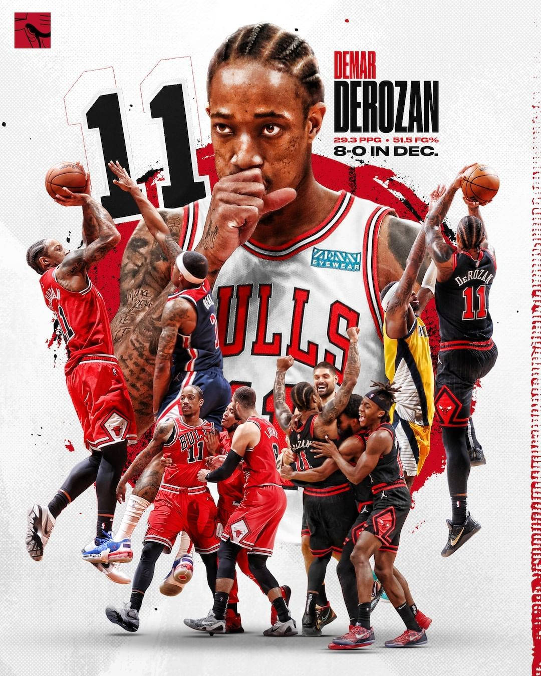 DeMar DeRozan 籃球運動員拼貼，展示公牛隊制服中的統計數據和比賽亮點。 — NBA 壁紙